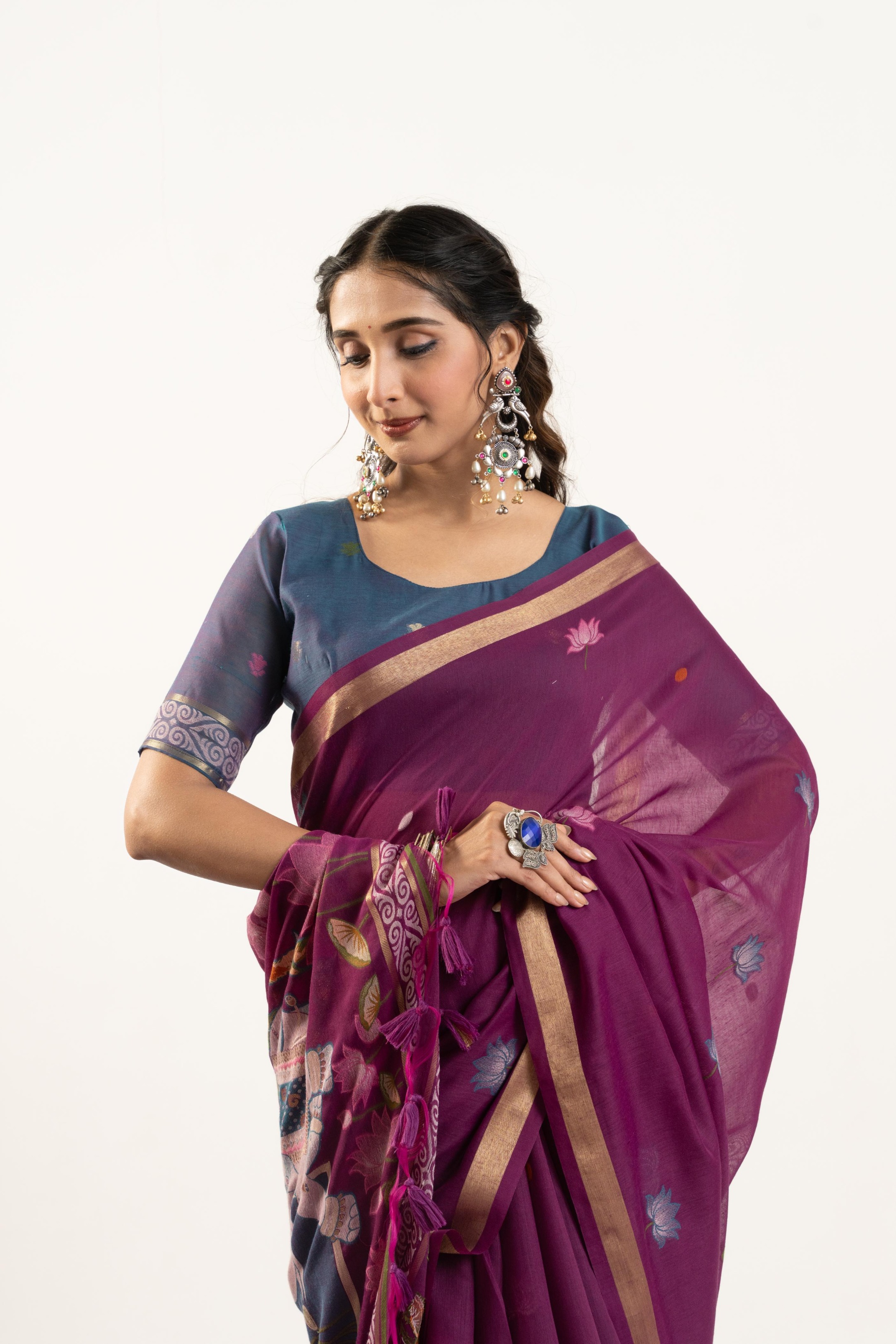 Wine Grey Rajwadi Woven Muga Cotton Saree