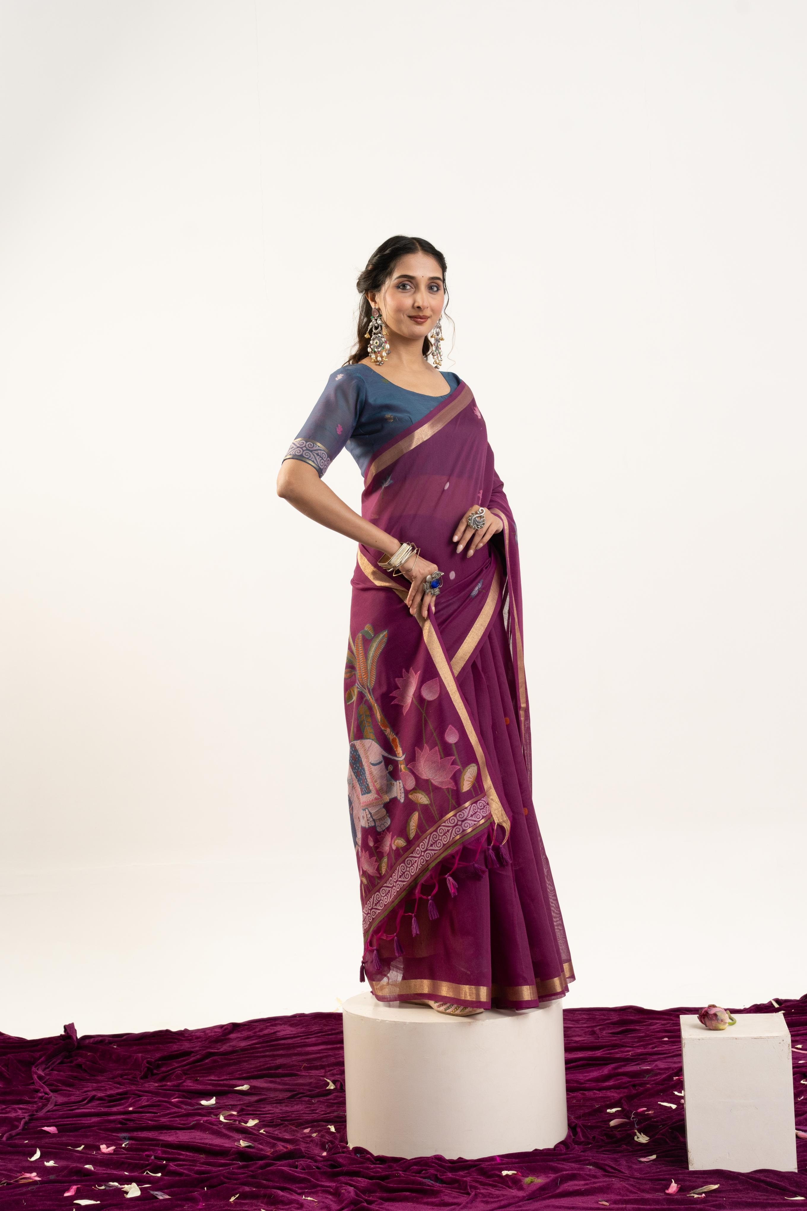Wine Grey Rajwadi Woven Muga Cotton Saree