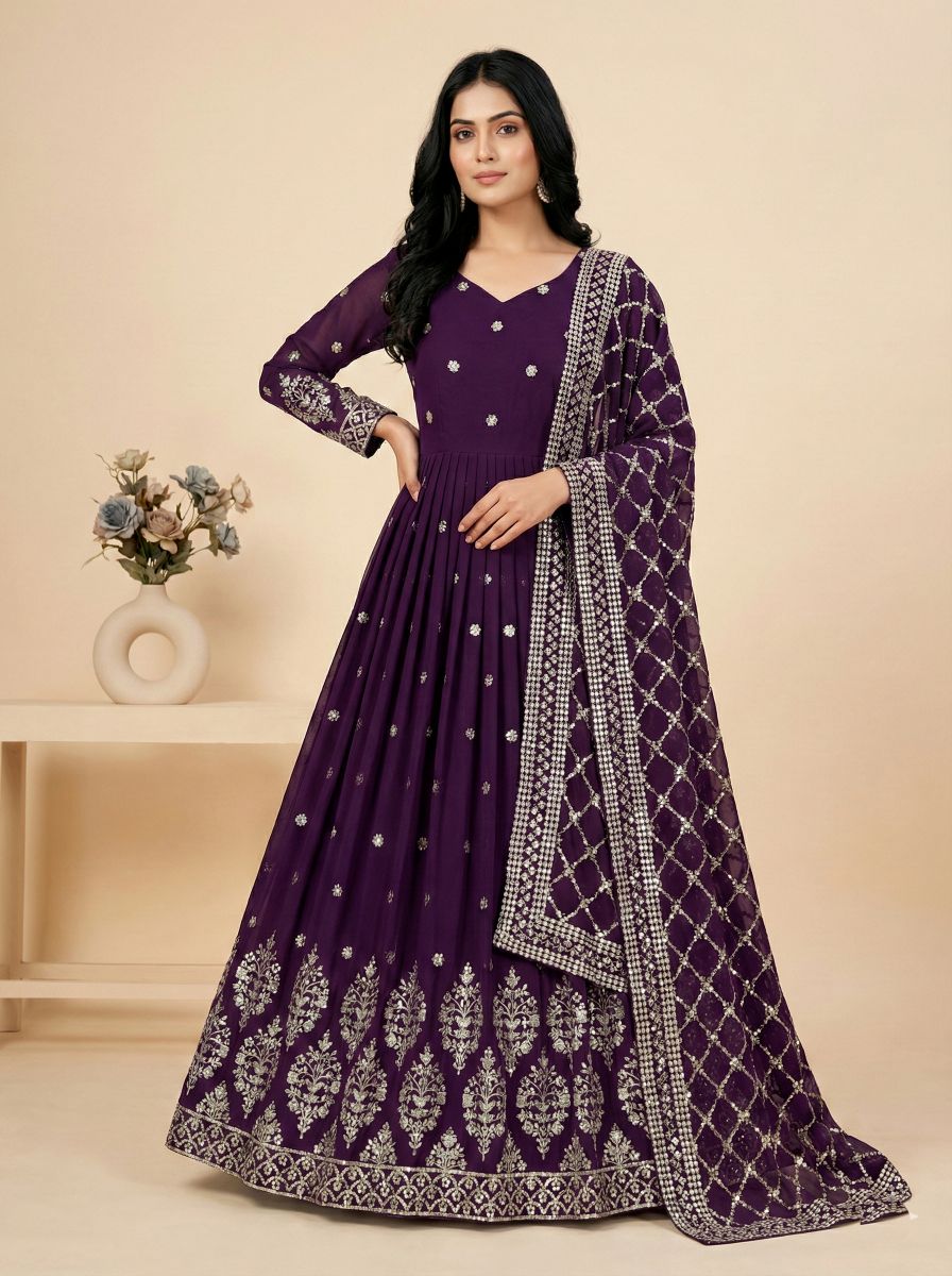 Wine Heavy Faux Georgette Embroidered Sequence Anarkali Gown