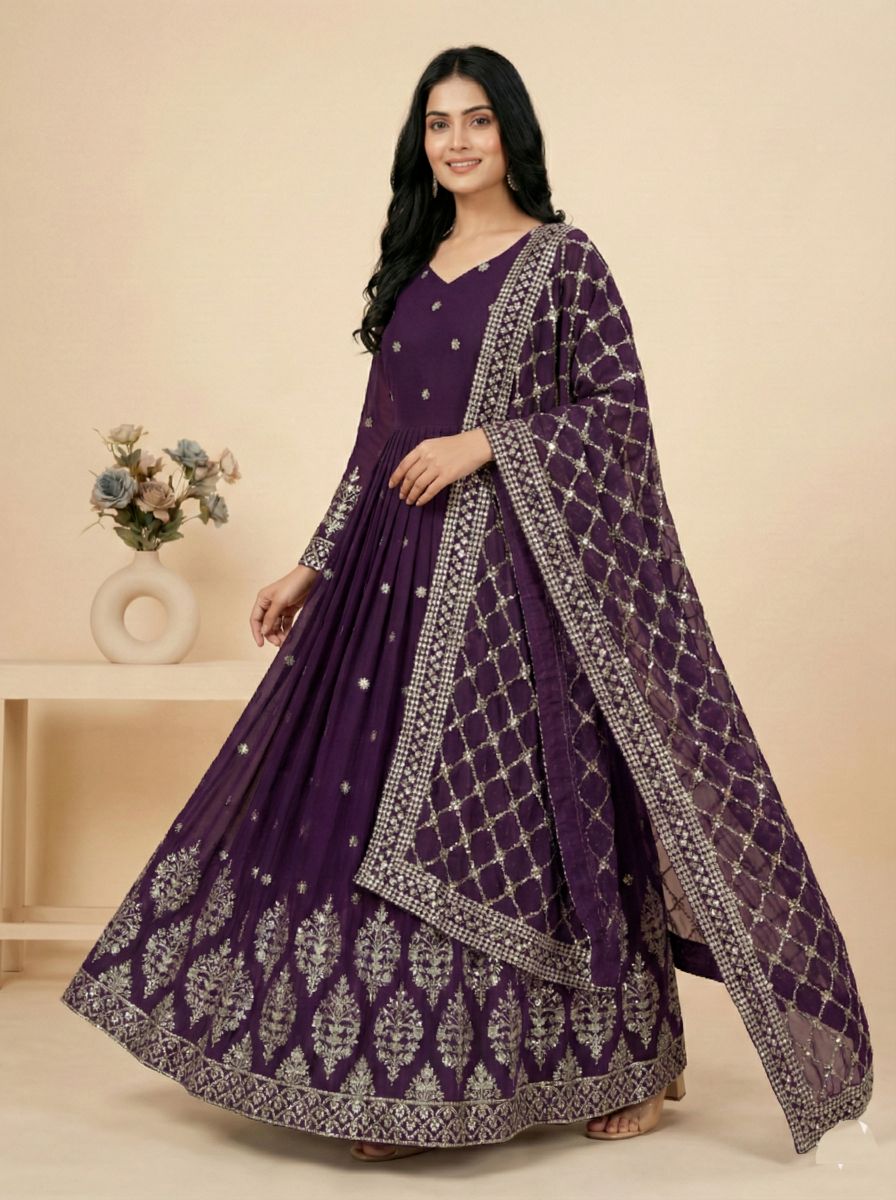 Wine Heavy Faux Georgette Embroidered Sequence Anarkali Gown — alternate view