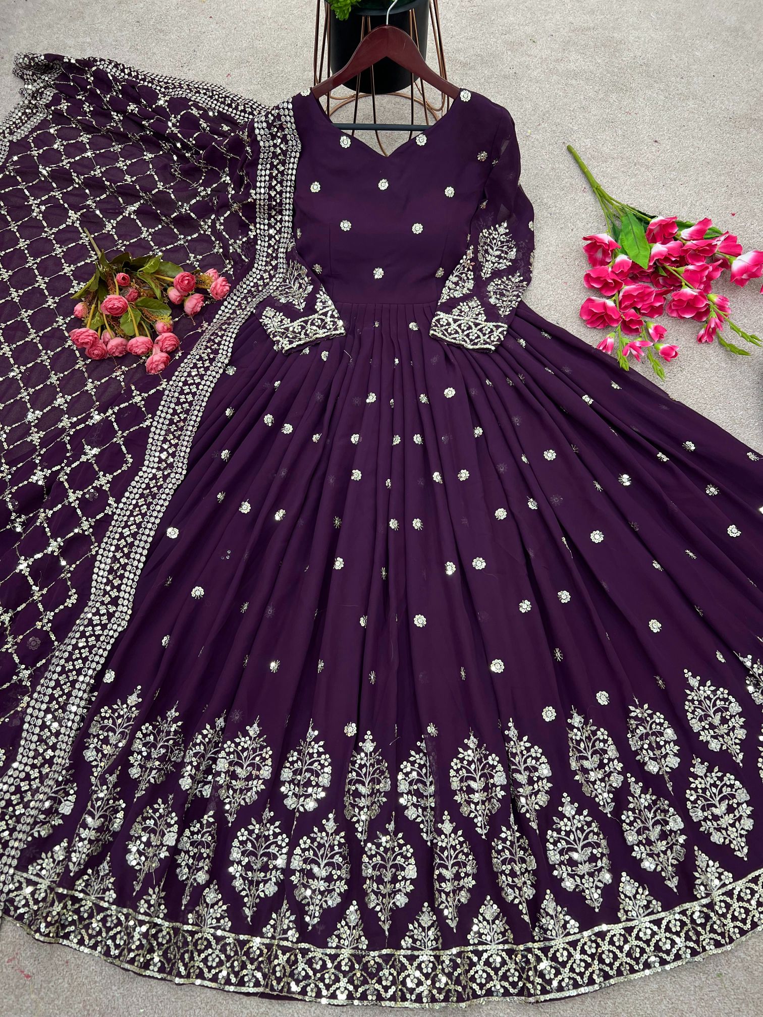 Wine Heavy Faux Georgette Embroidered Sequence Anarkali Gown