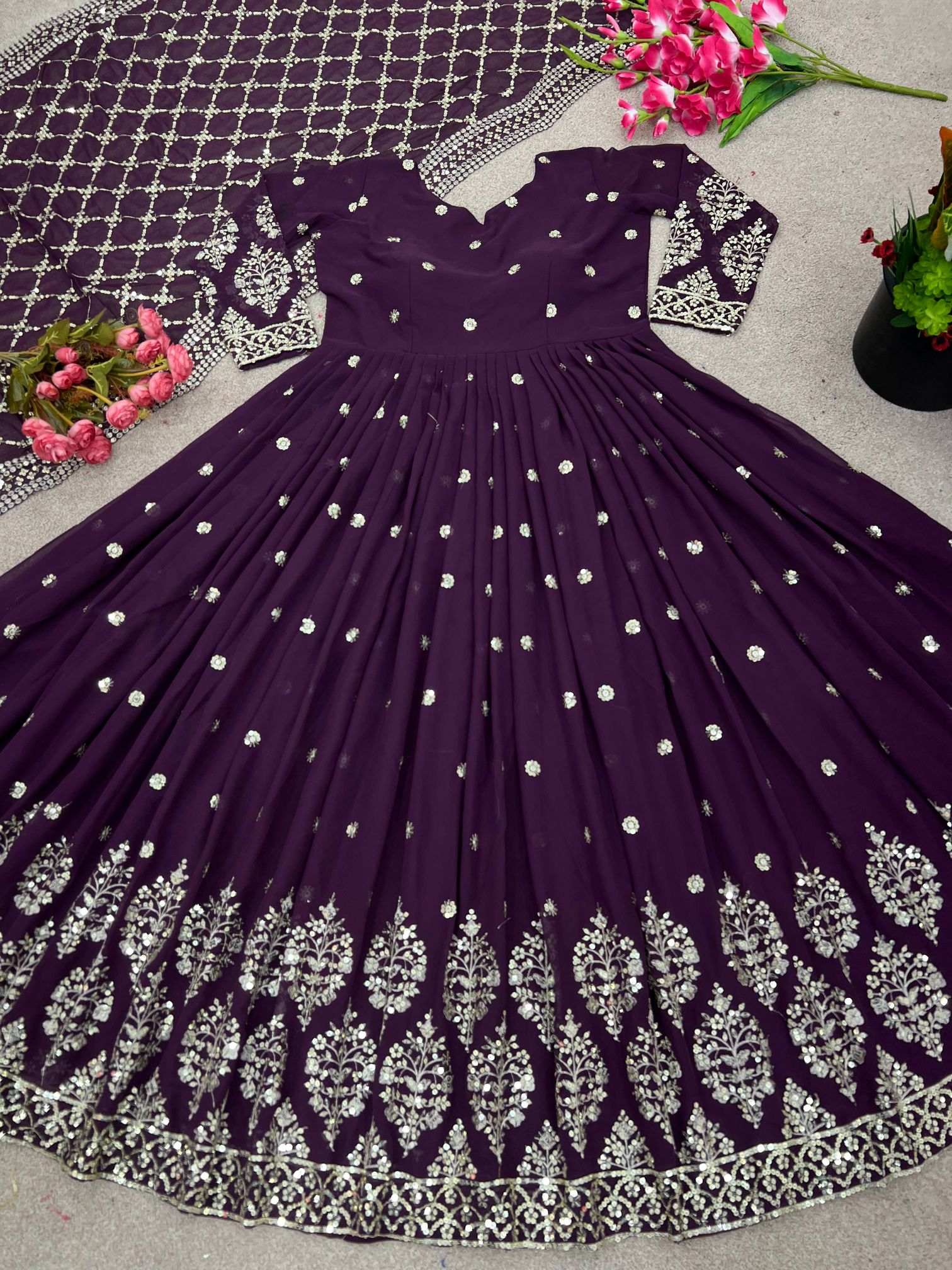 Wine Heavy Faux Georgette Embroidered Sequence Anarkali Gown