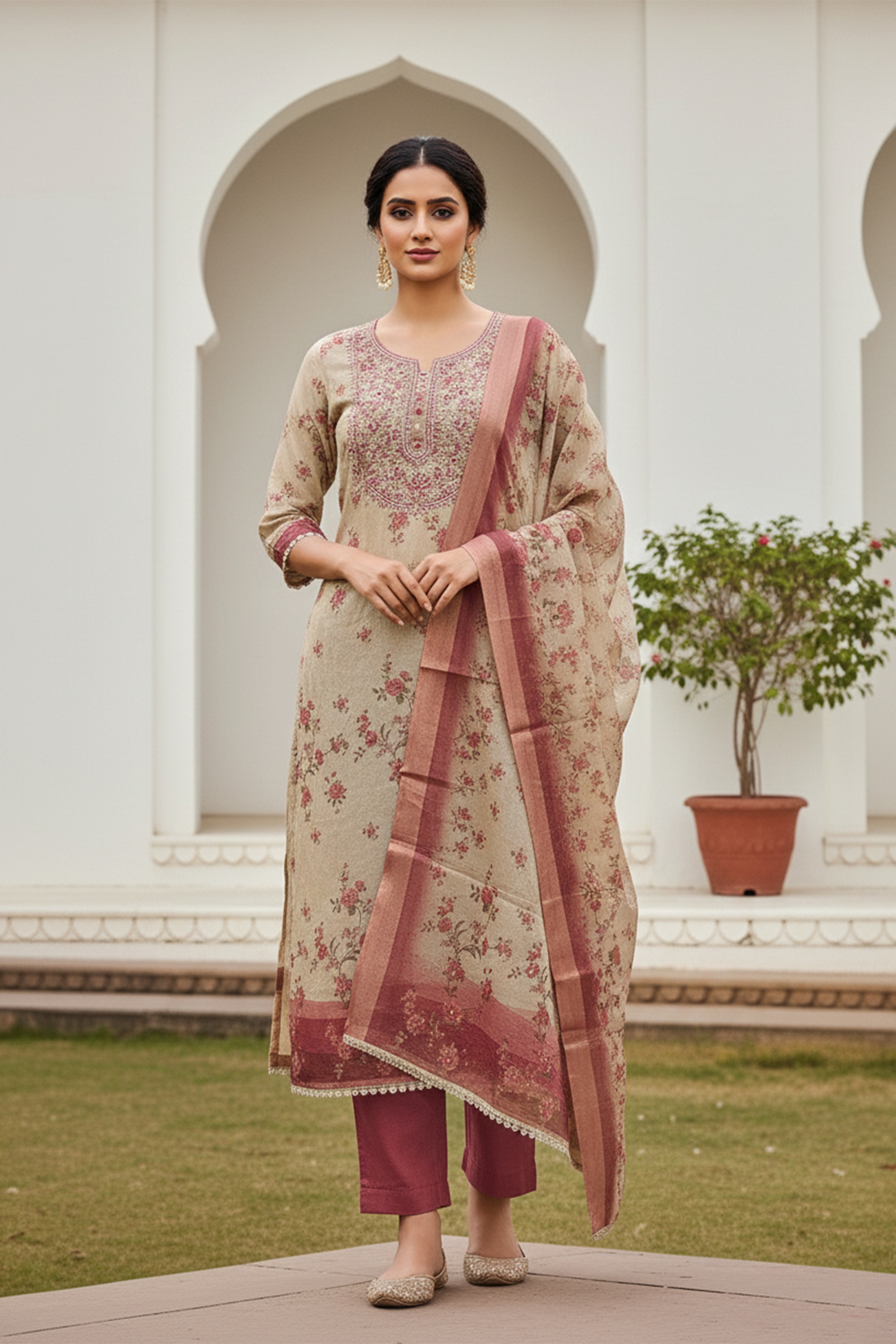Wine Heritage Linen Cotton Designer Printed Salwar Suit