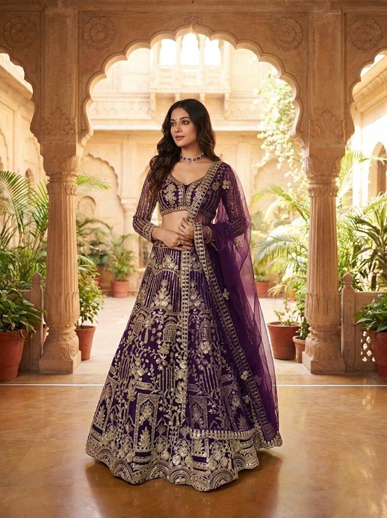 Wine Heritage Motif Sequins Soft Net Lehenga Choli