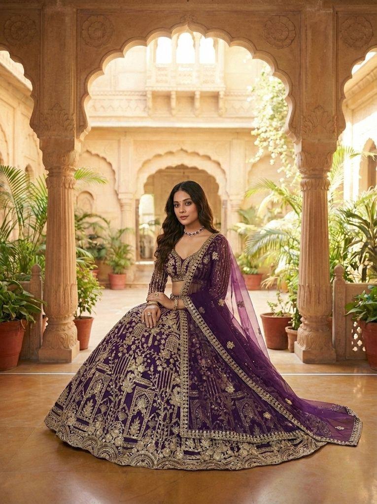 Wine Heritage Motif Sequins Soft Net Lehenga Choli