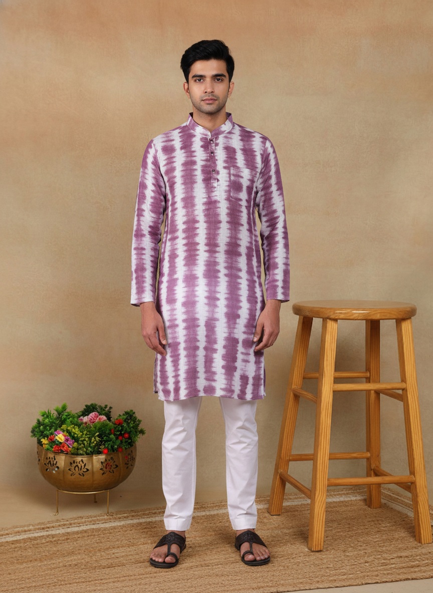 Wine Ikat Printed Linen Kurta Pyjama