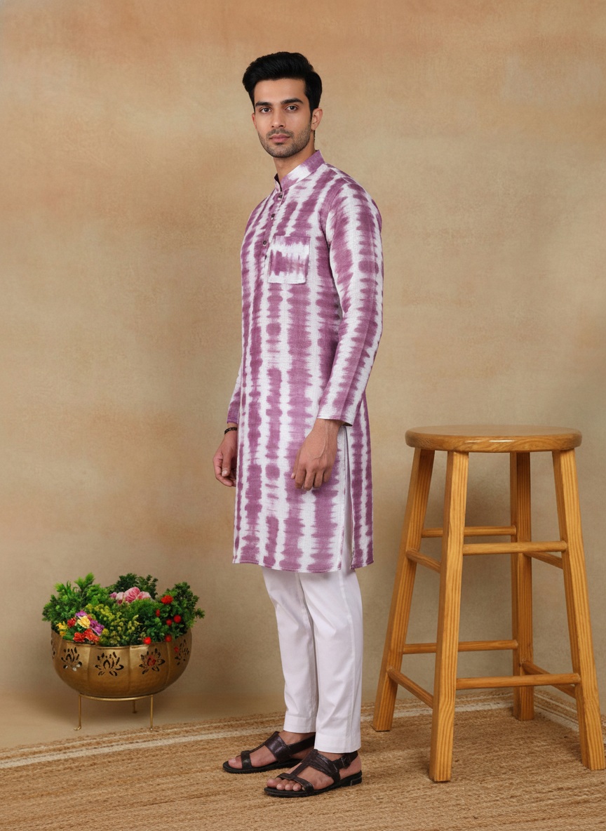 Wine Ikat Printed Linen Kurta Pyjama