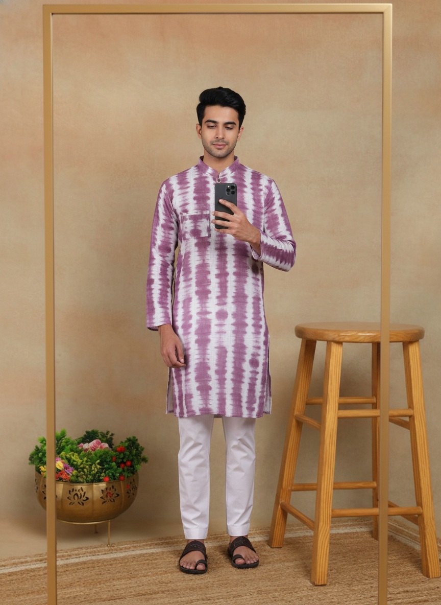 Wine Ikat Printed Linen Kurta Pyjama