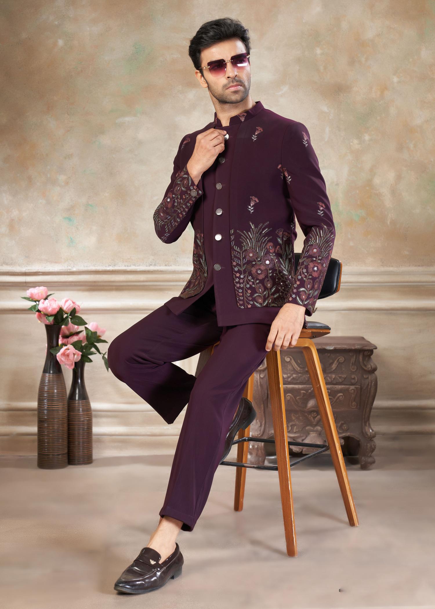 Wine Indo-Western Sherwani suit