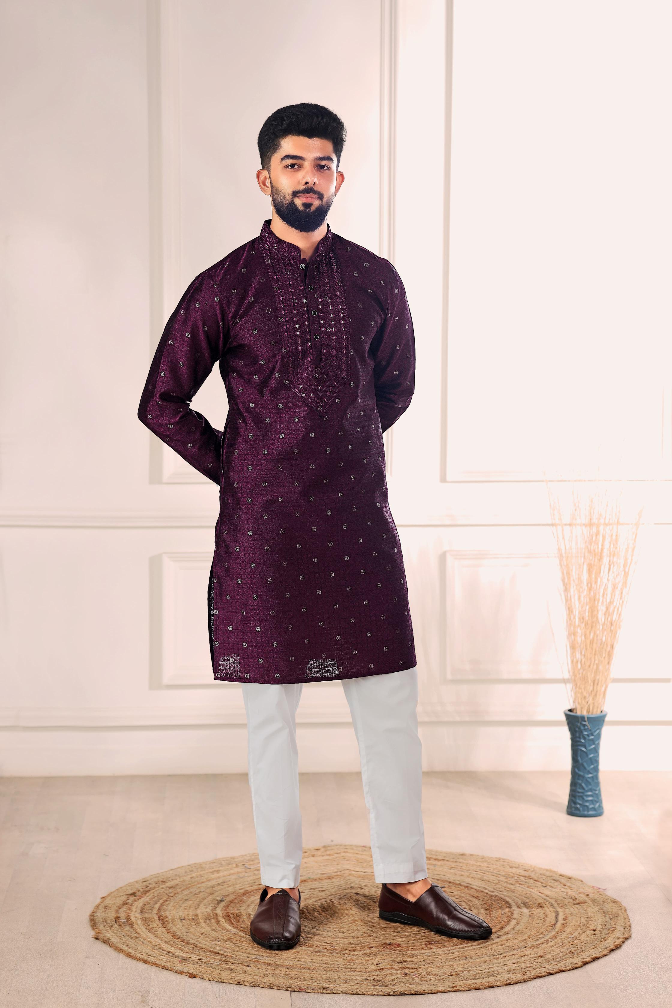Wine Jacquard Silk Kurta Pyjama