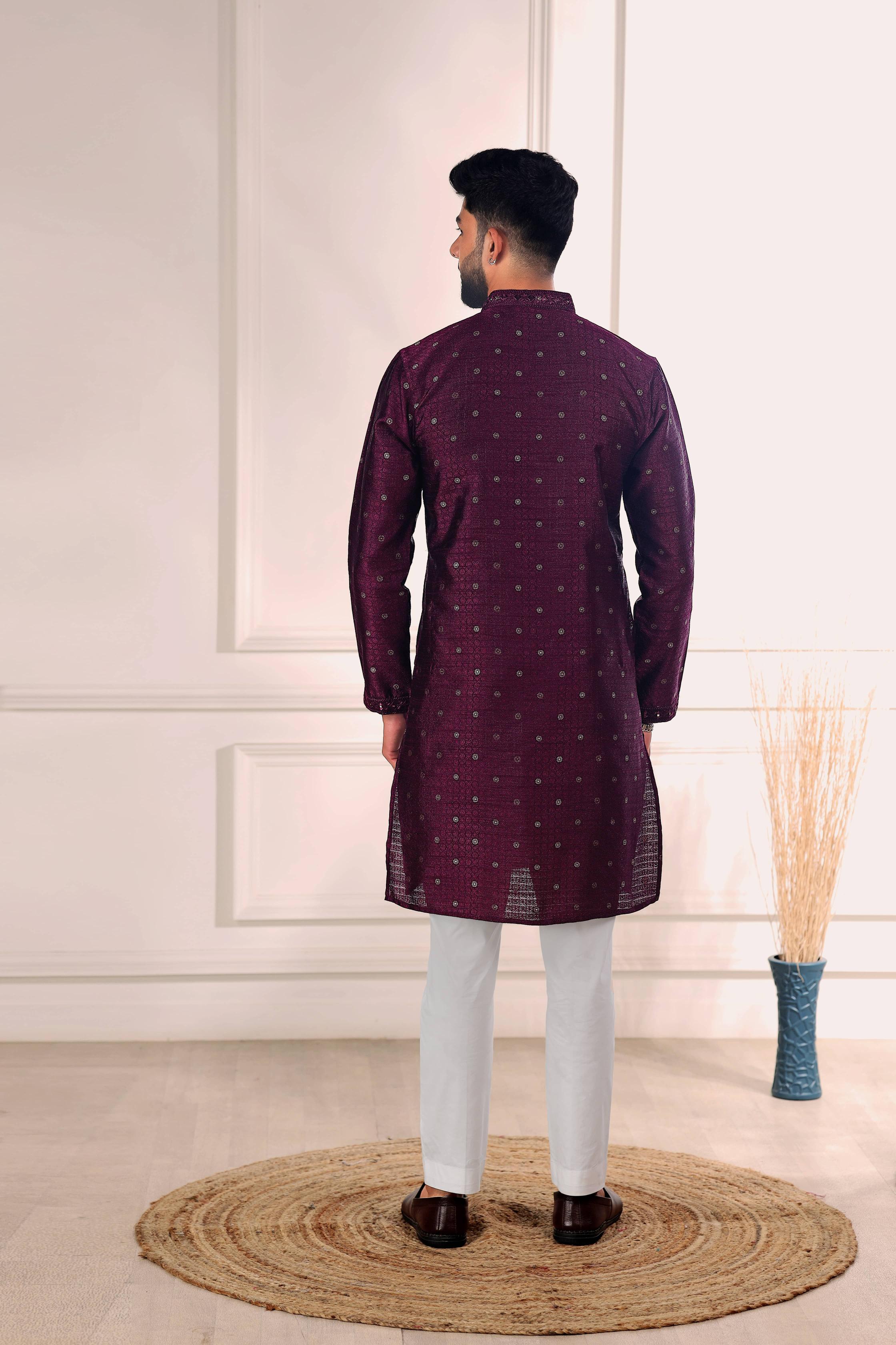 Wine Jacquard Silk Kurta Pyjama — alternate view