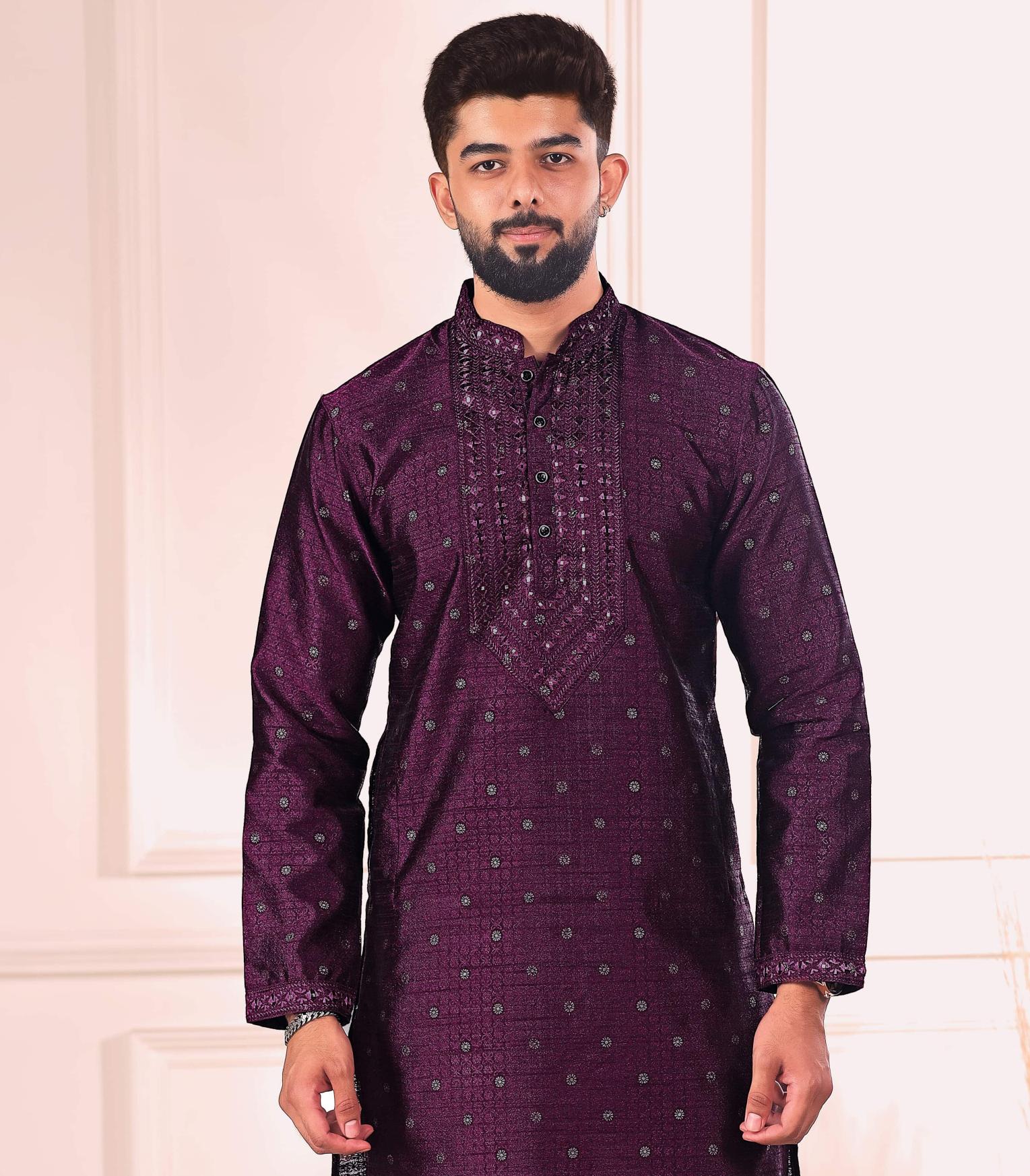 Wine Jacquard Silk Kurta Pyjama