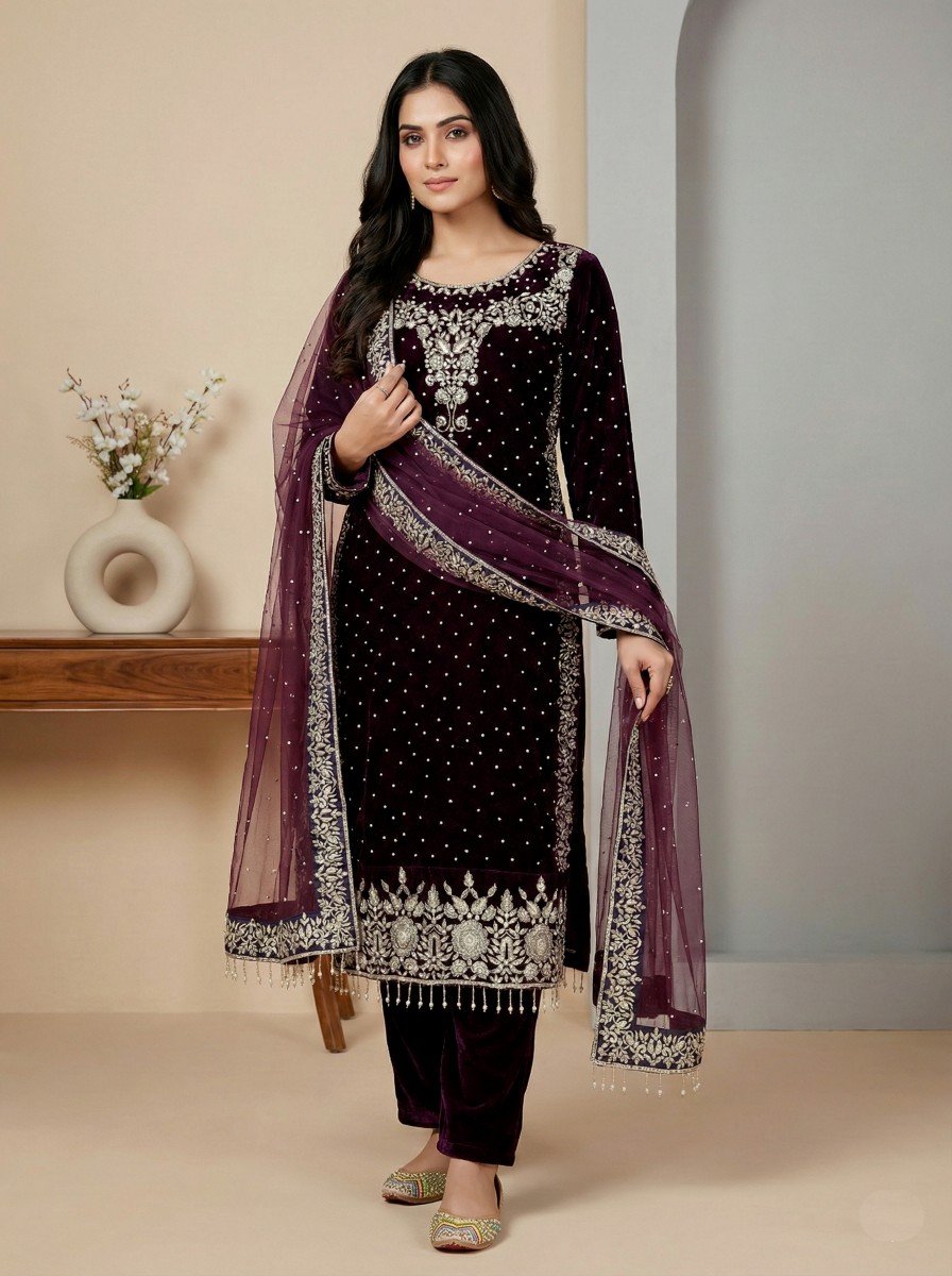 Wine Luxe Velvet Neck Motif Suit