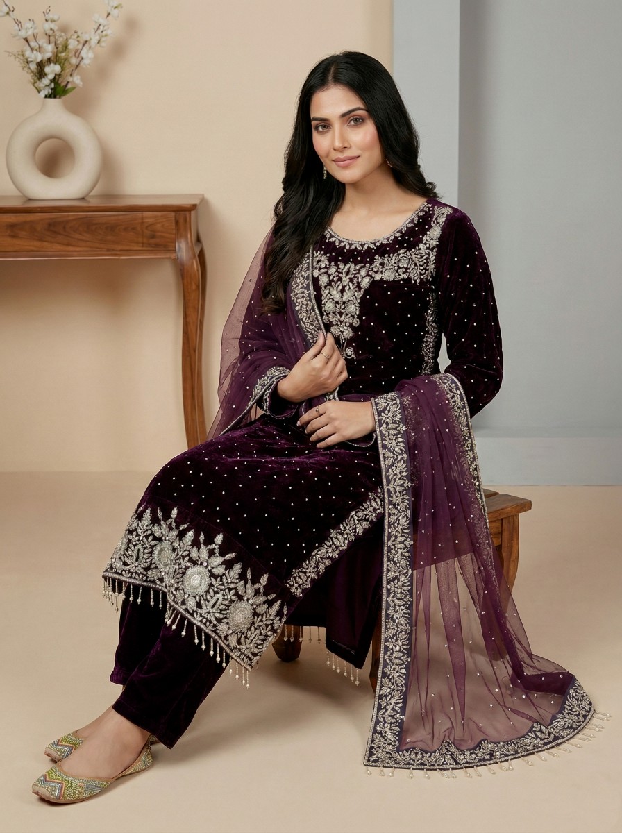 Wine Luxe Velvet Neck Motif Suit — alternate view