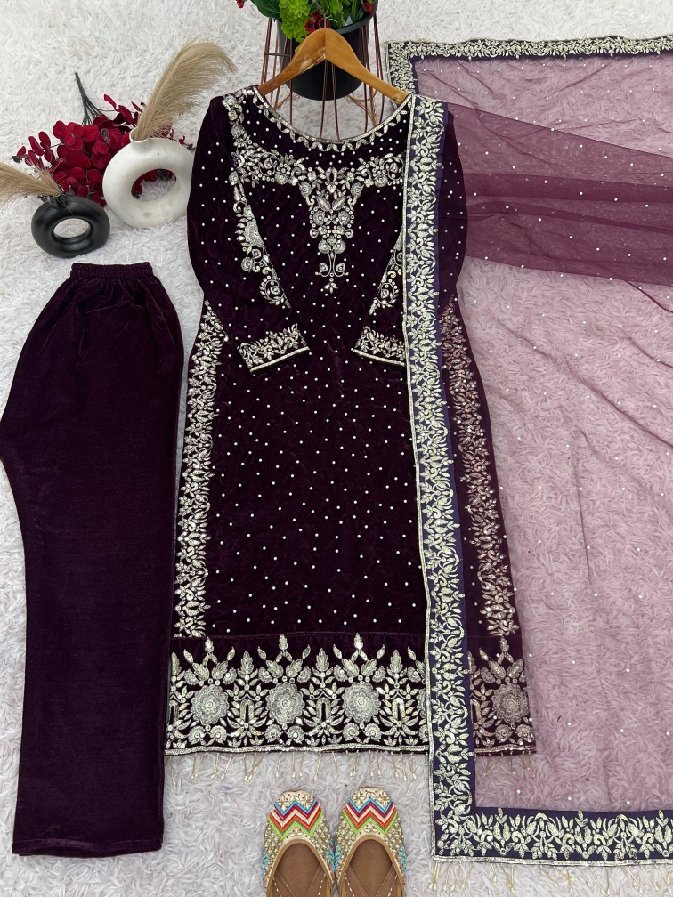 Wine Luxe Velvet Neck Motif Suit
