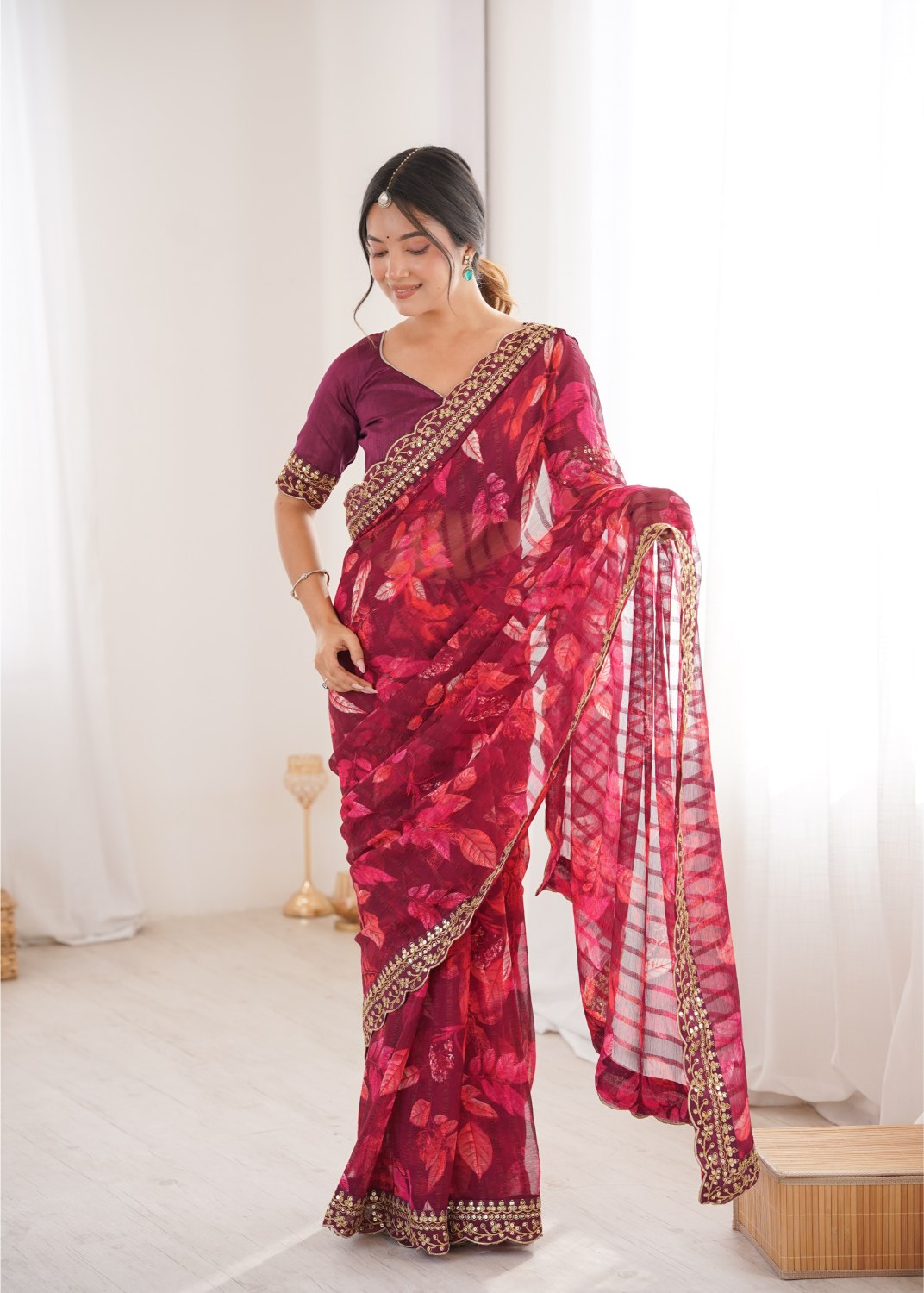 Wine Marble Patta Printed Embroidered Saree