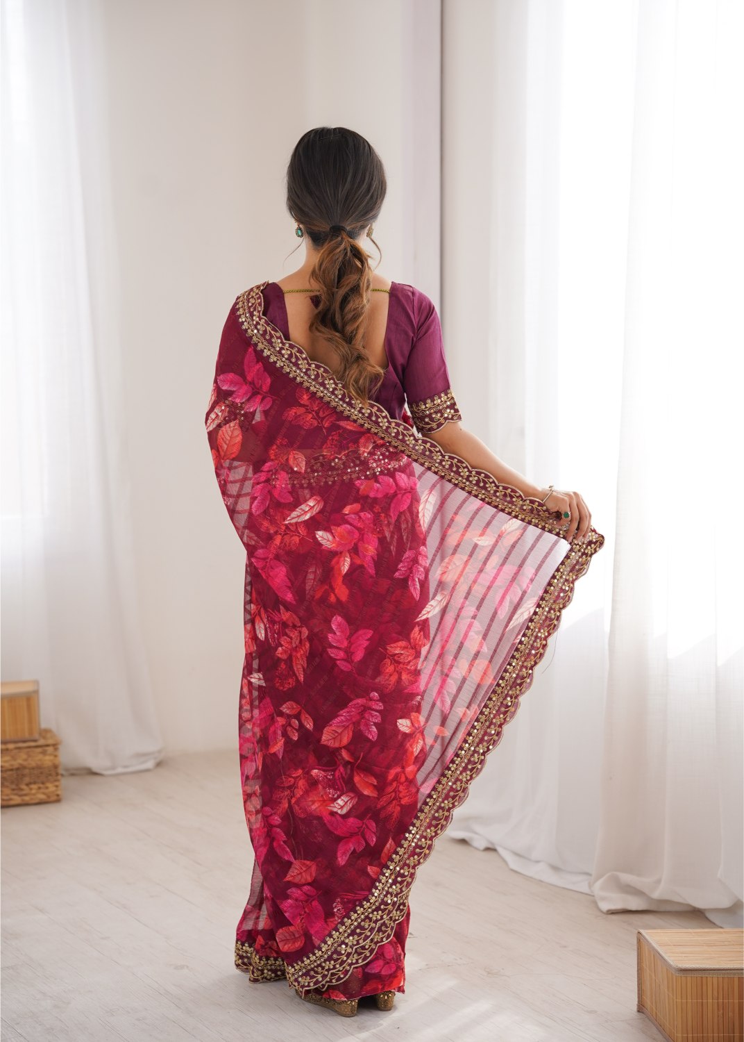 Wine Marble Patta Printed Embroidered Saree — alternate view
