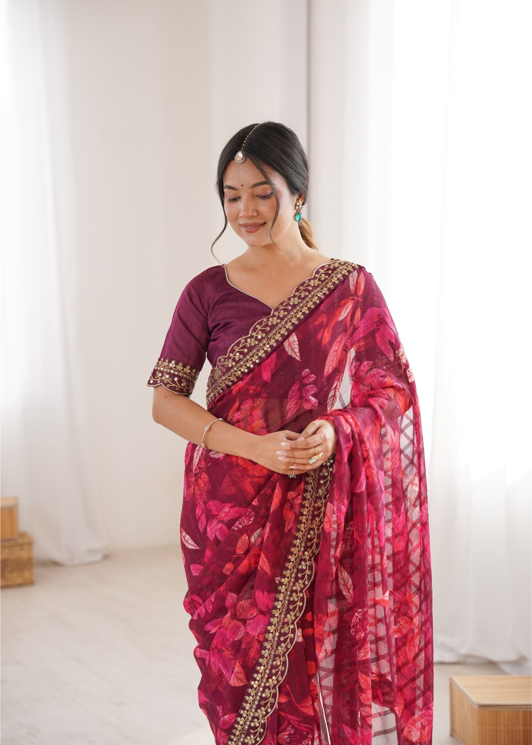 Wine Marble Patta Printed Embroidered Saree