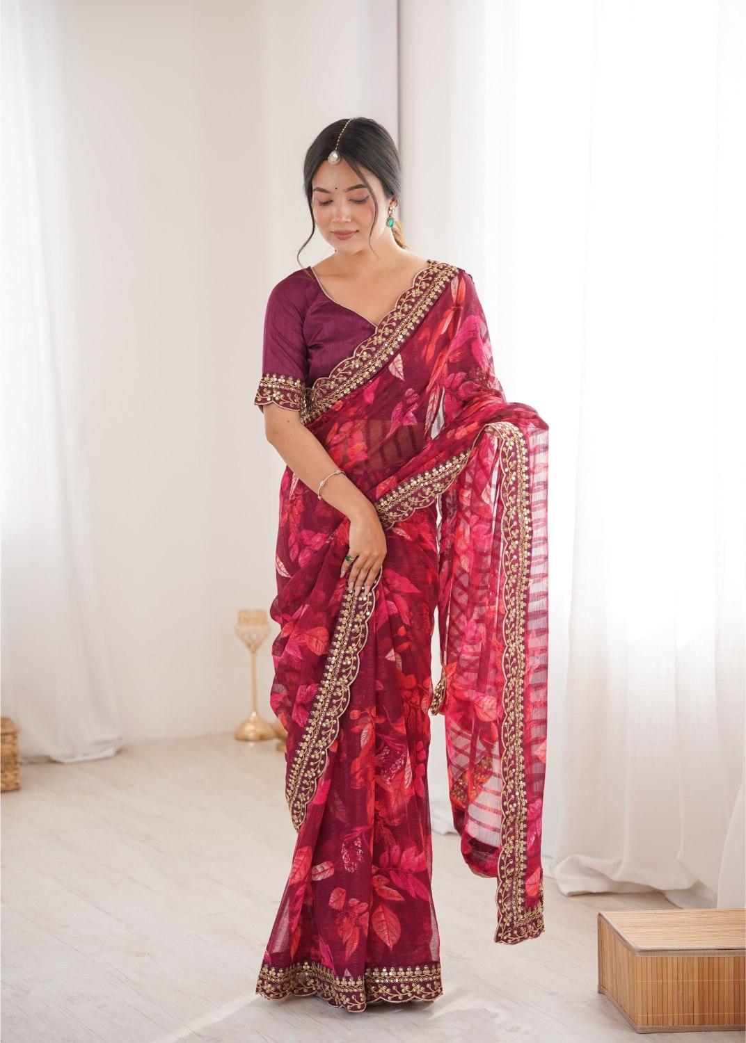 Wine Marble Patta Printed Embroidered Saree