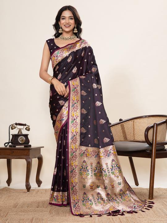 Wine Meenakari Satin Silk saree