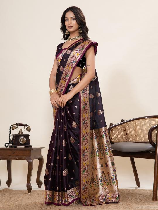 Wine Meenakari Satin Silk saree