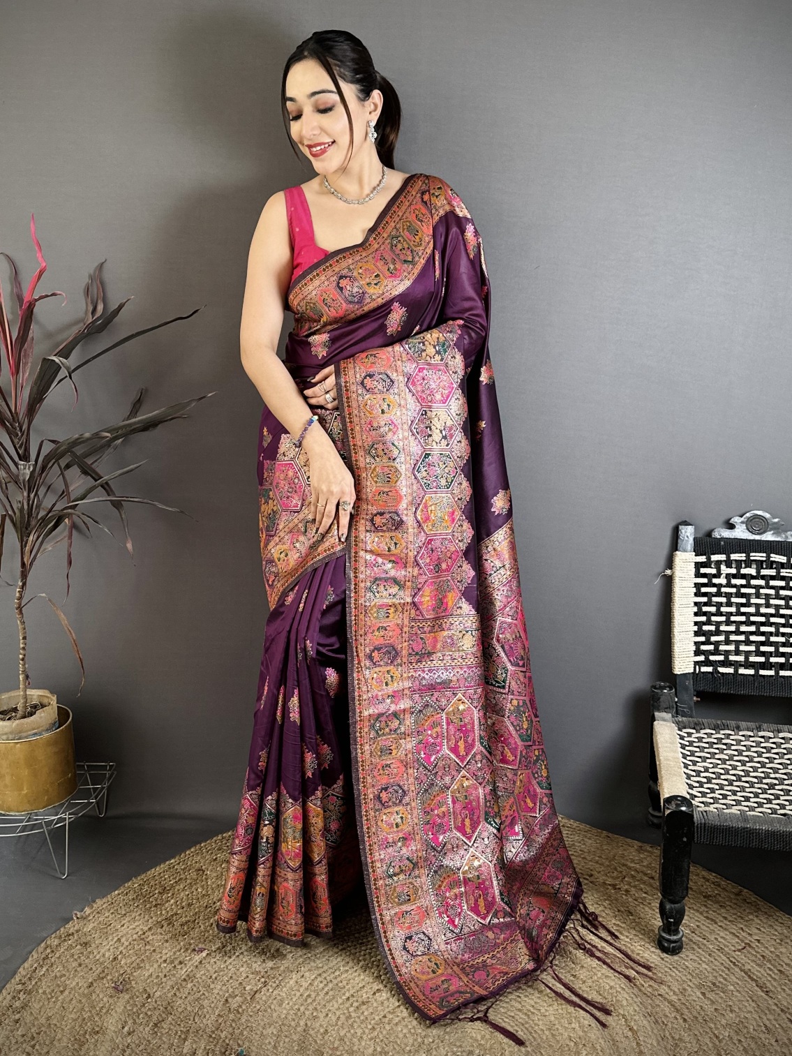Wine Meenakari Woven Pashmina Silk Saree
