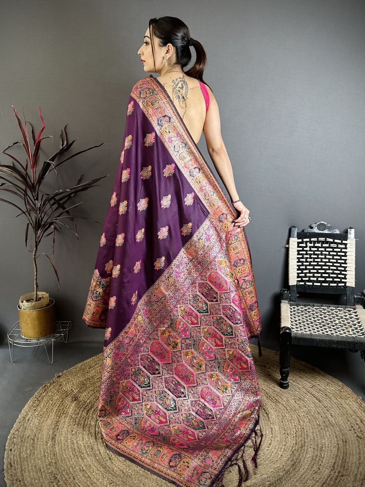 Wine Meenakari Woven Pashmina Silk Saree — alternate view