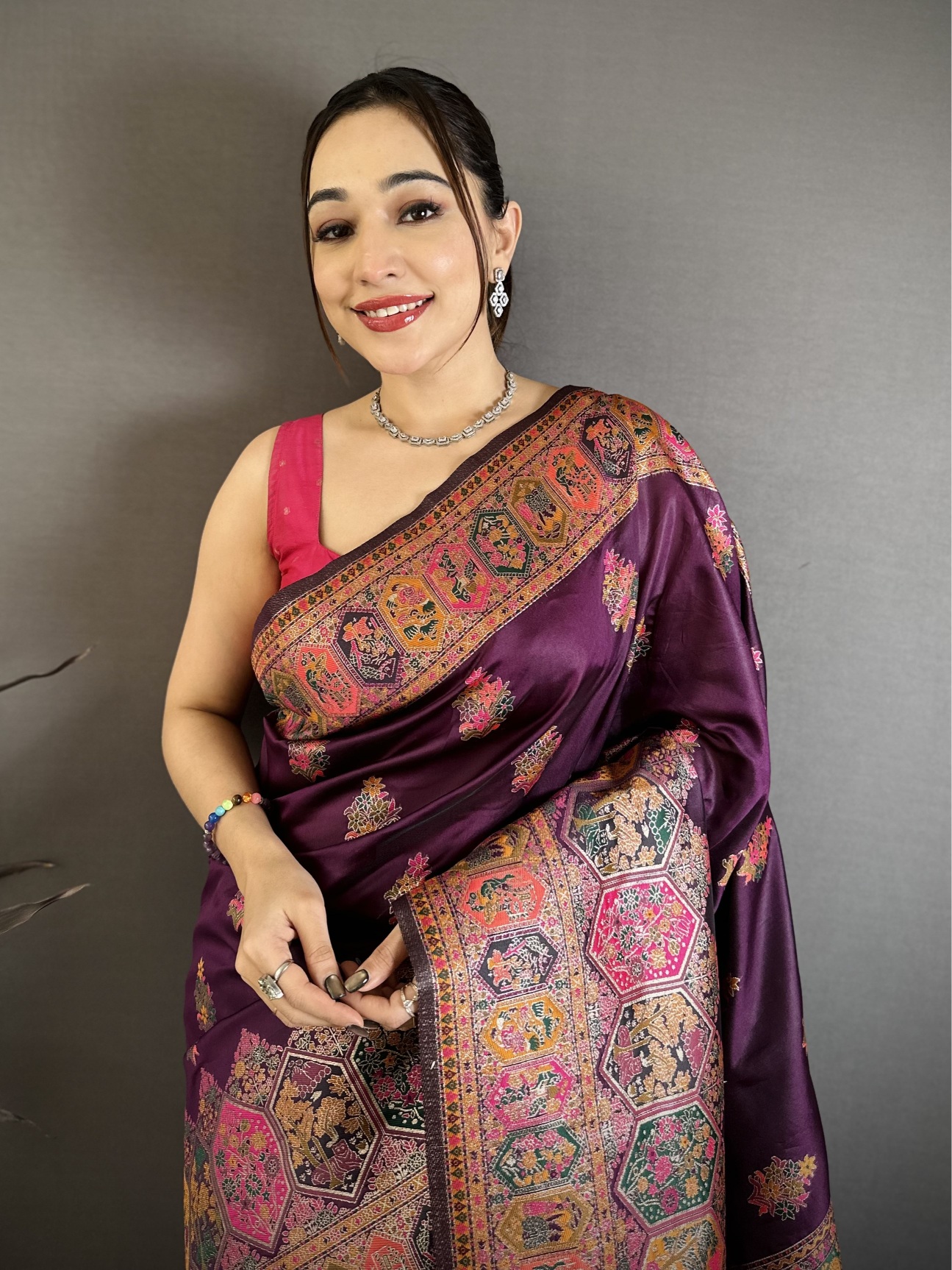 Wine Meenakari Woven Pashmina Silk Saree