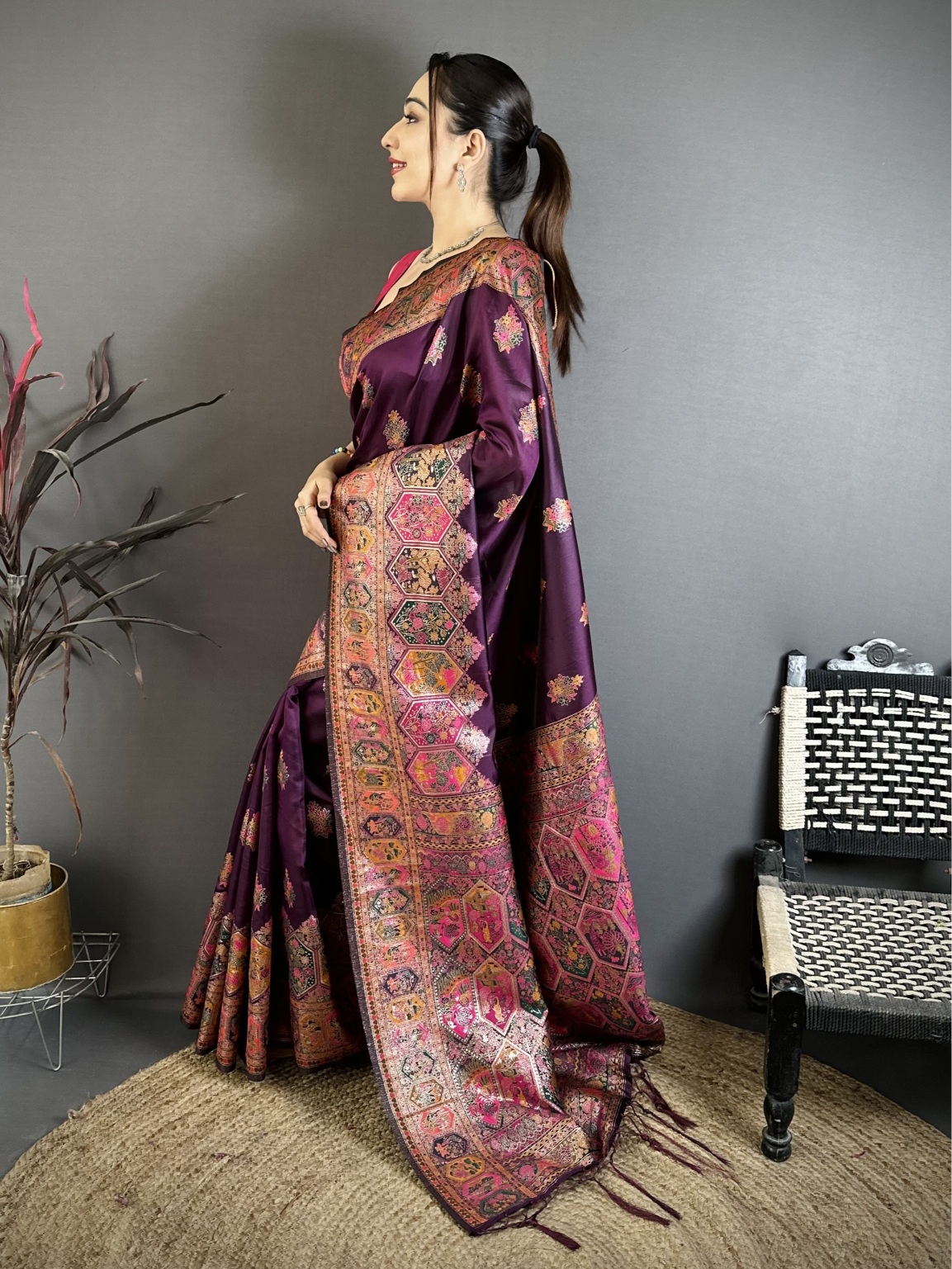 Wine Meenakari Woven Pashmina Silk Saree
