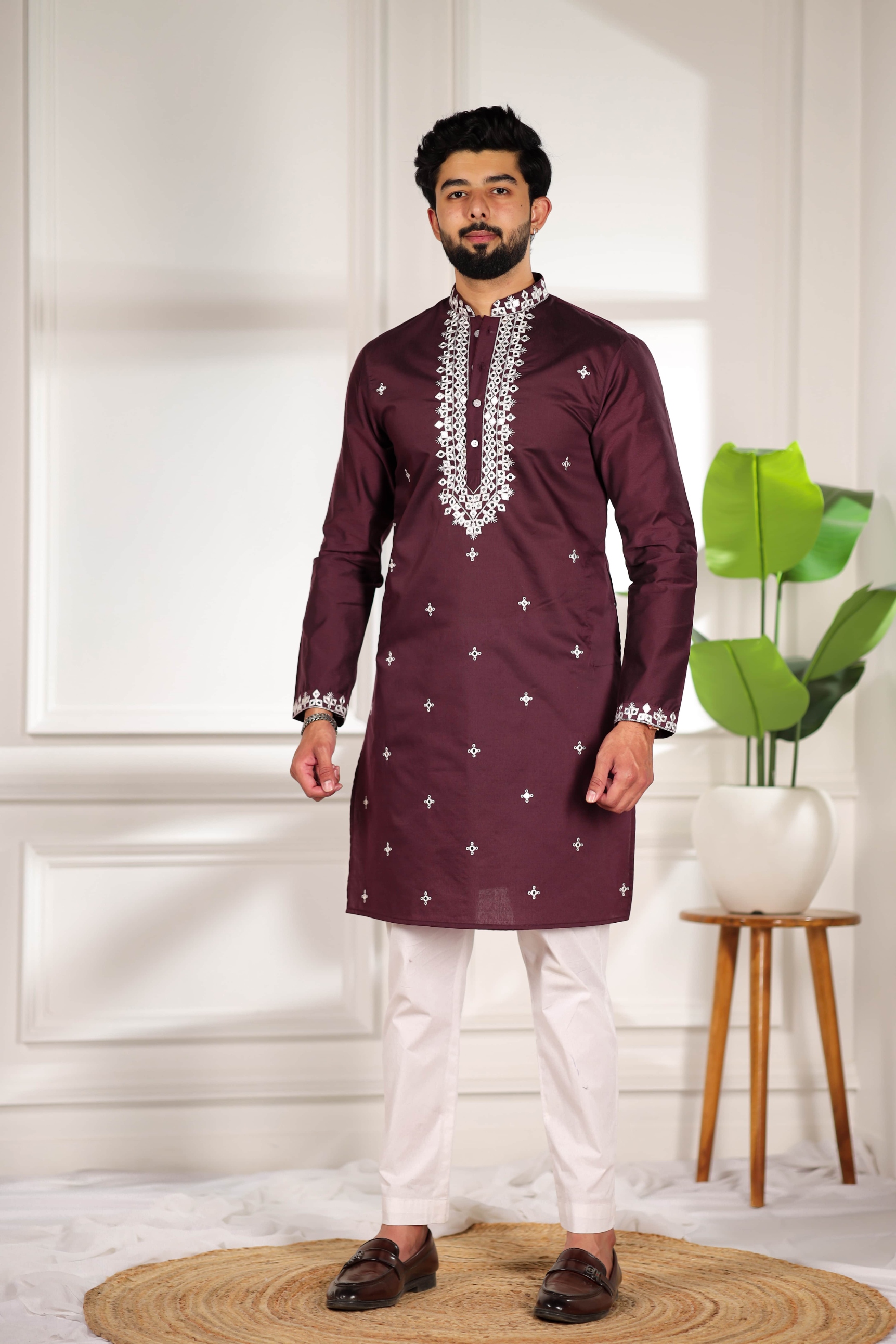Wine Minimal Embroidery Kurta Pyjama
