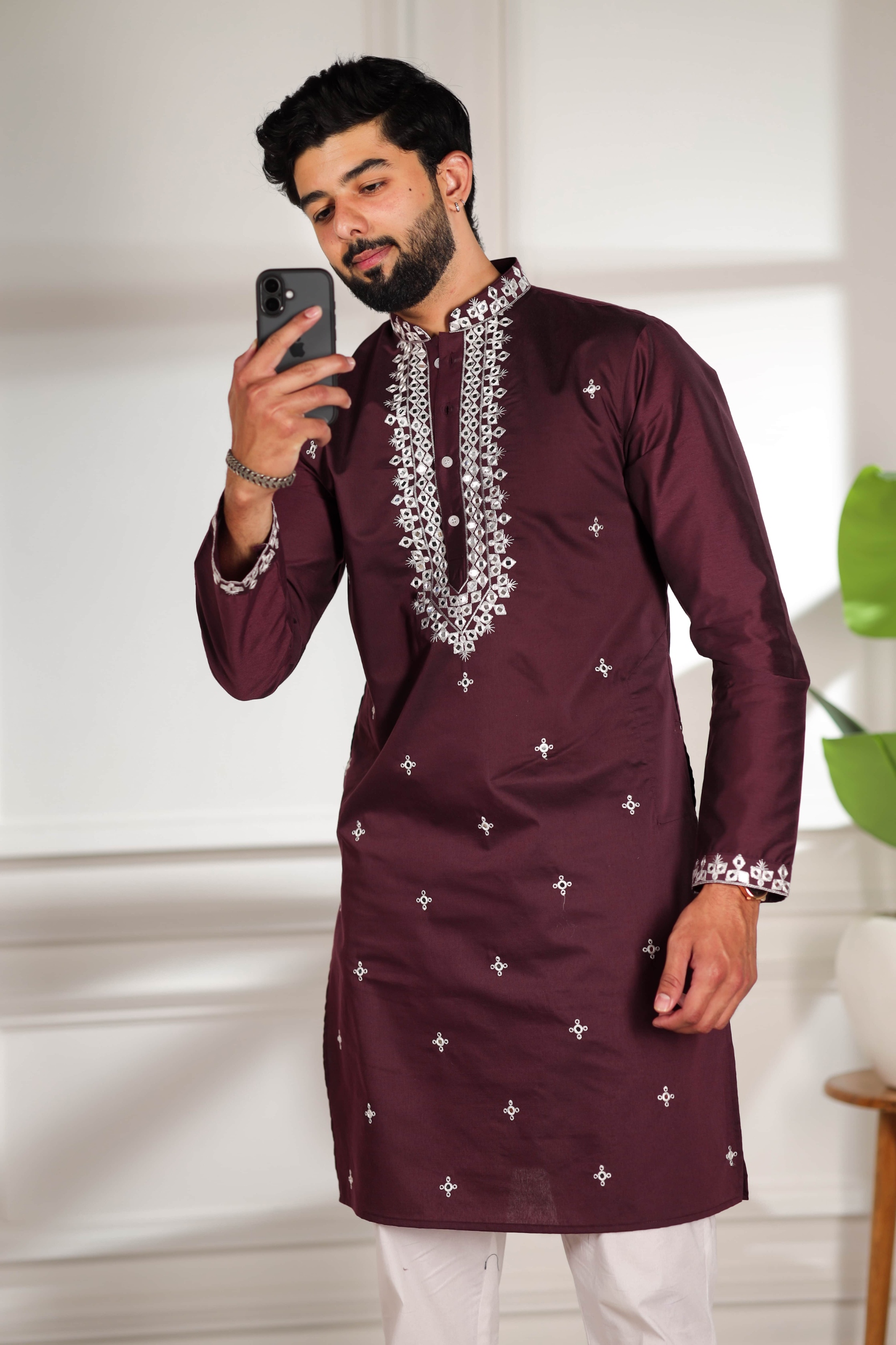 Wine Minimal Embroidery Kurta Pyjama