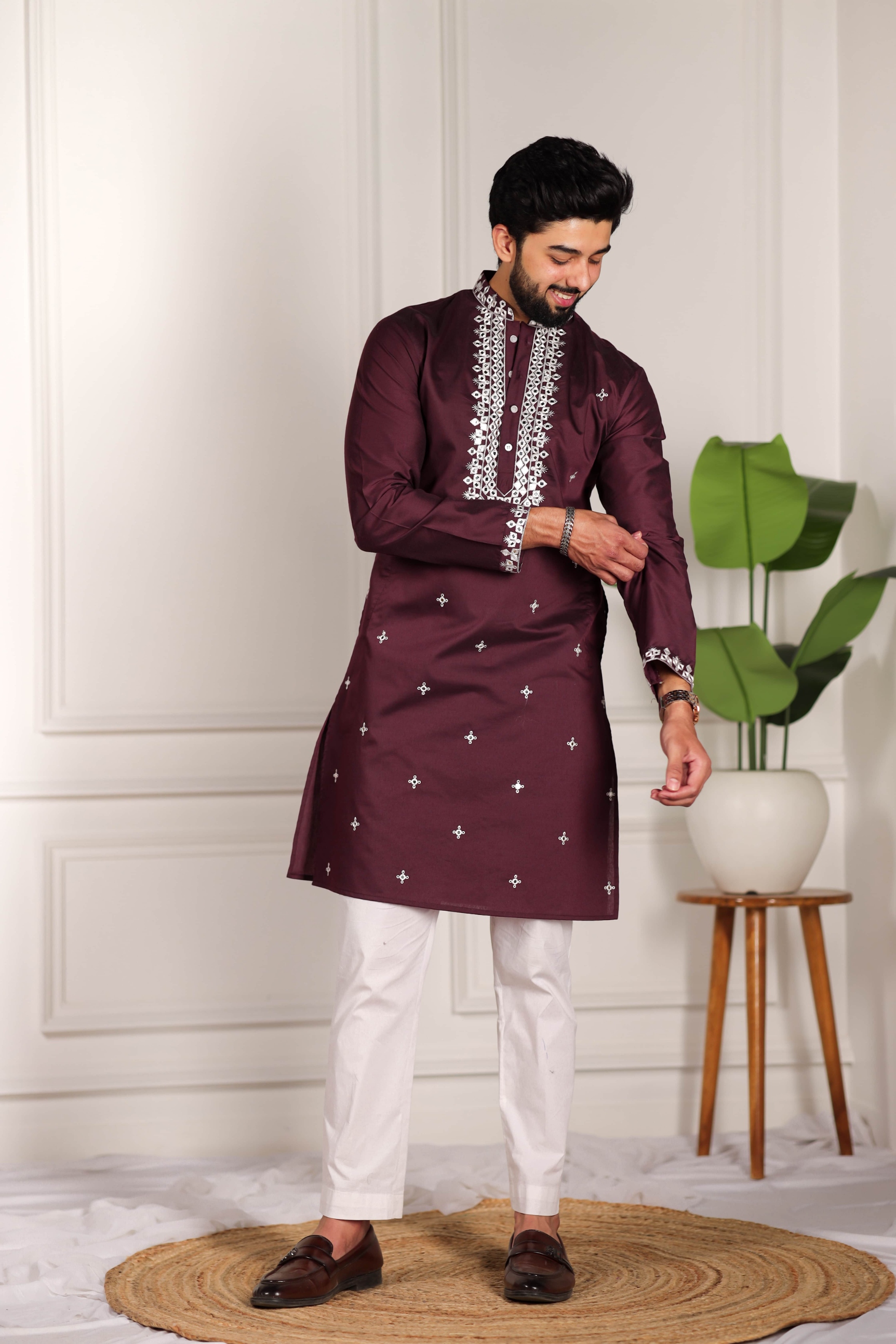 Wine Minimal Embroidery Kurta Pyjama