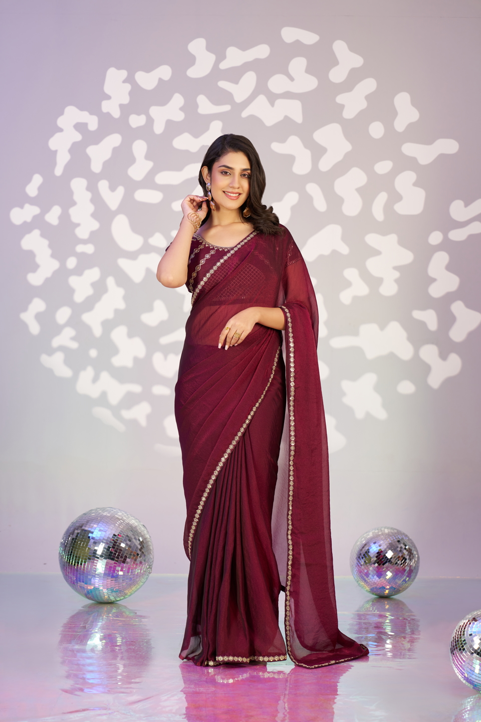Wine Moss Chiffon Ready-to-Wear Saree