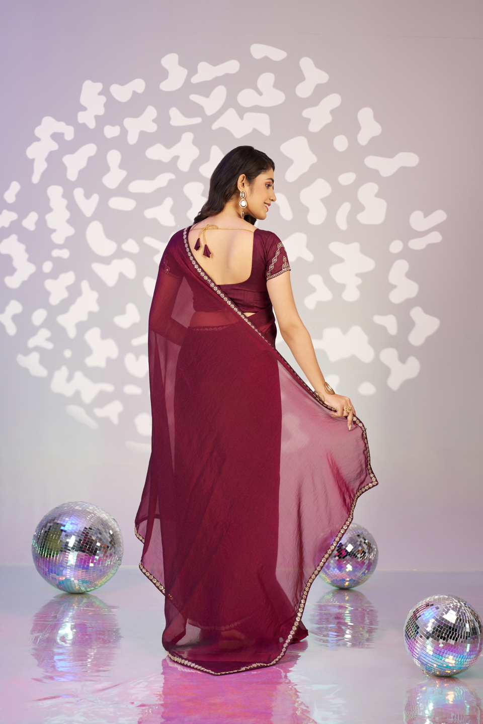 Wine Moss Chiffon Ready-to-Wear Saree — alternate view