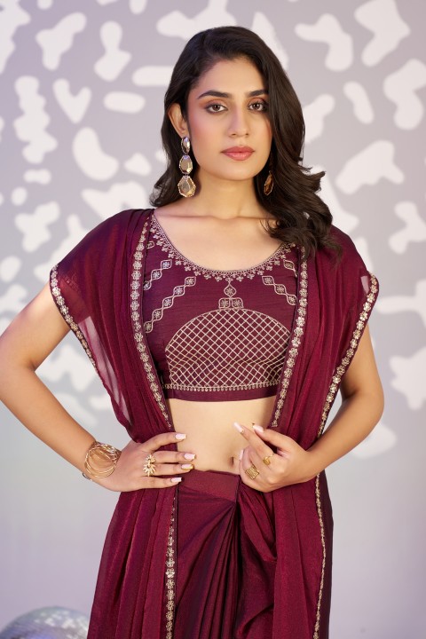 Wine Moss Chiffon Ready-to-Wear Saree