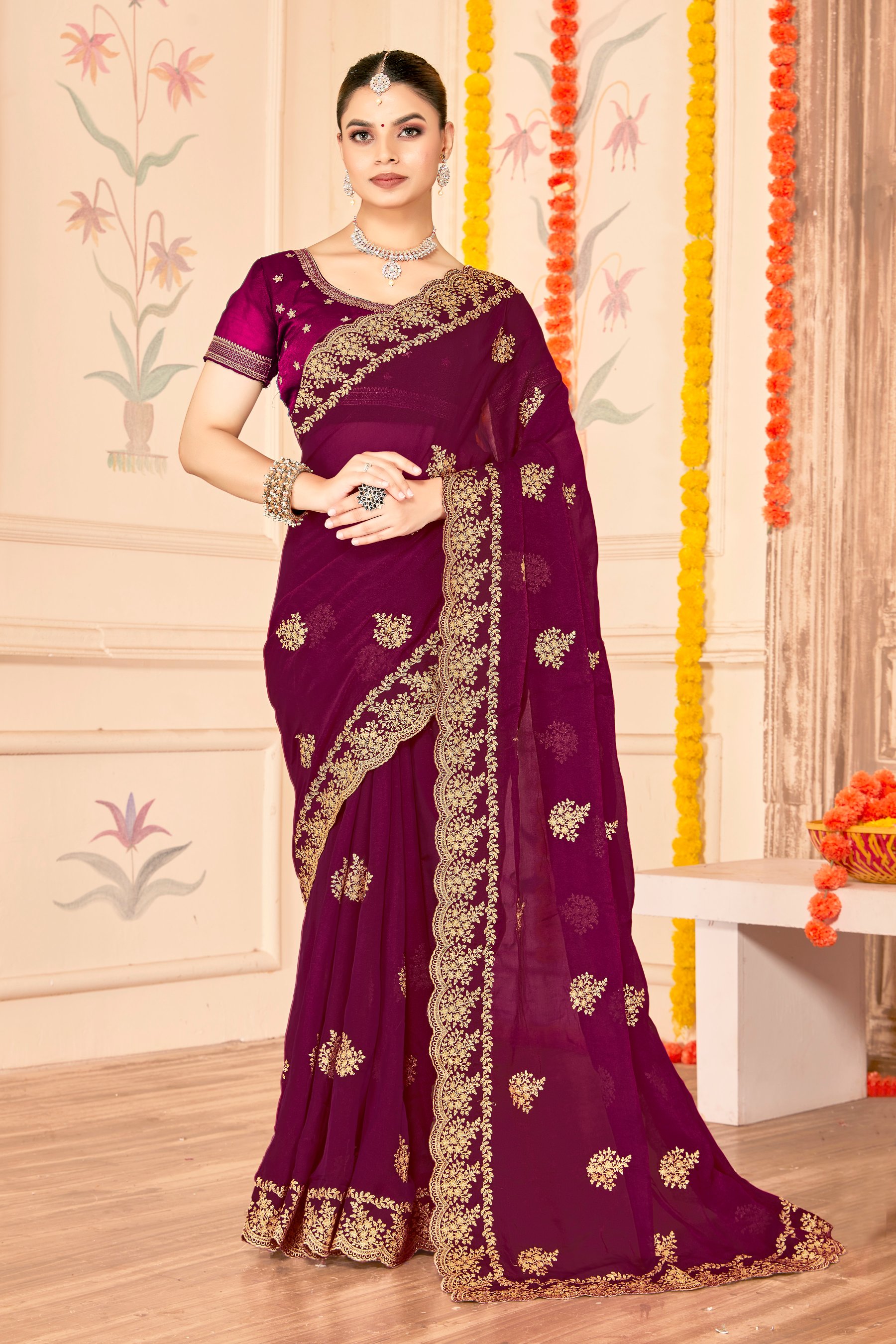 Wine Moss Silk Zari Saree