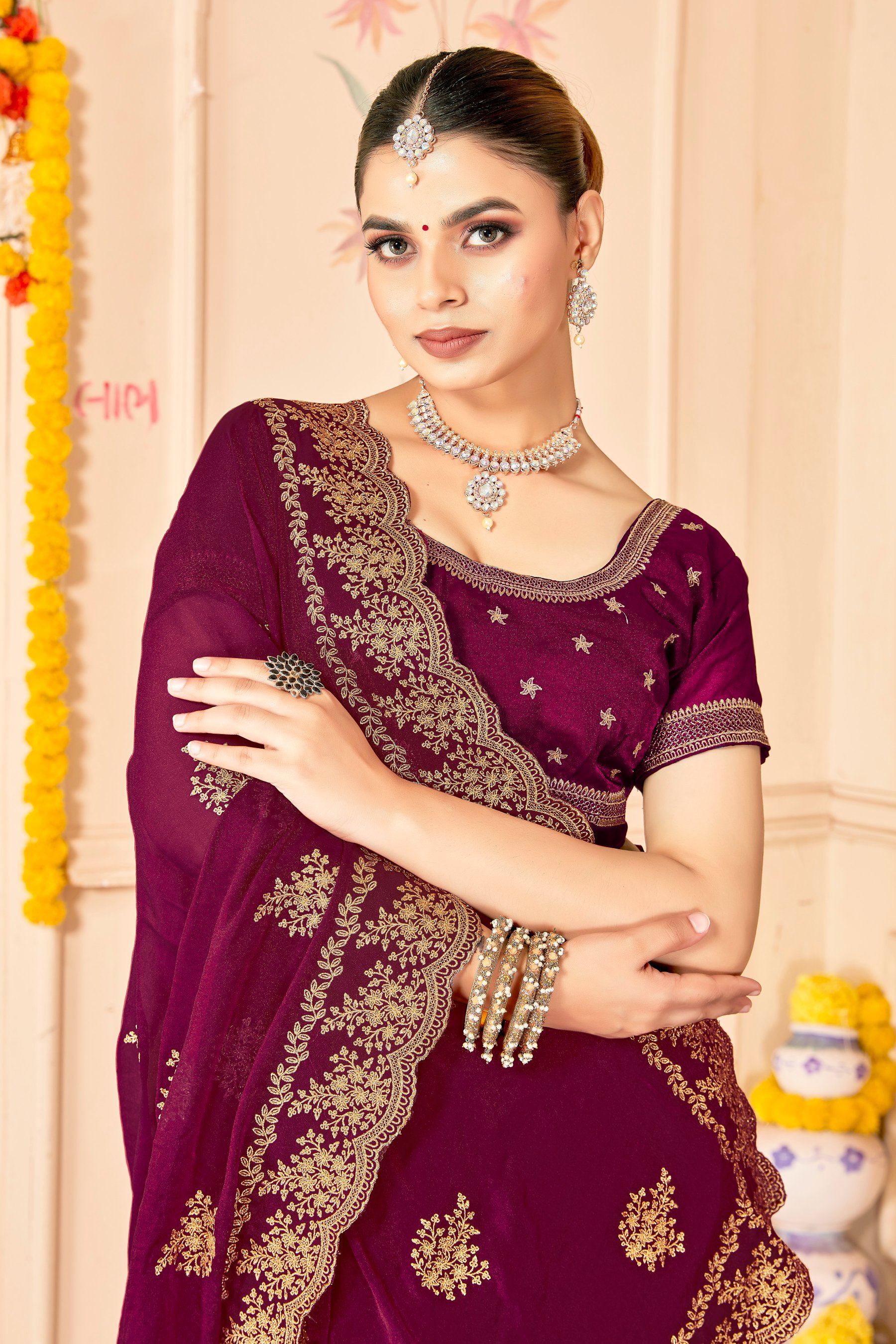 Wine Moss Silk Zari Saree