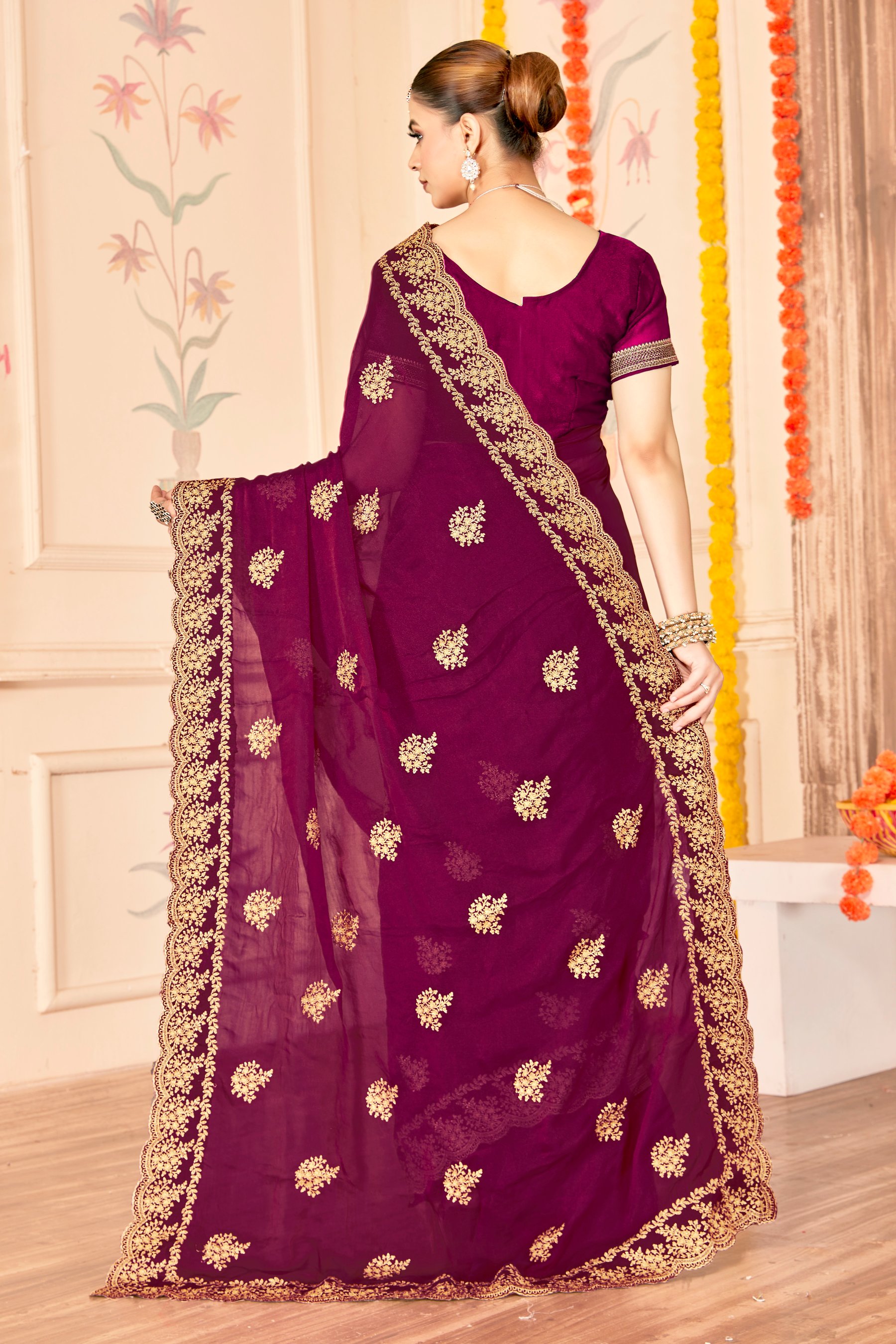 Wine Moss Silk Zari Saree