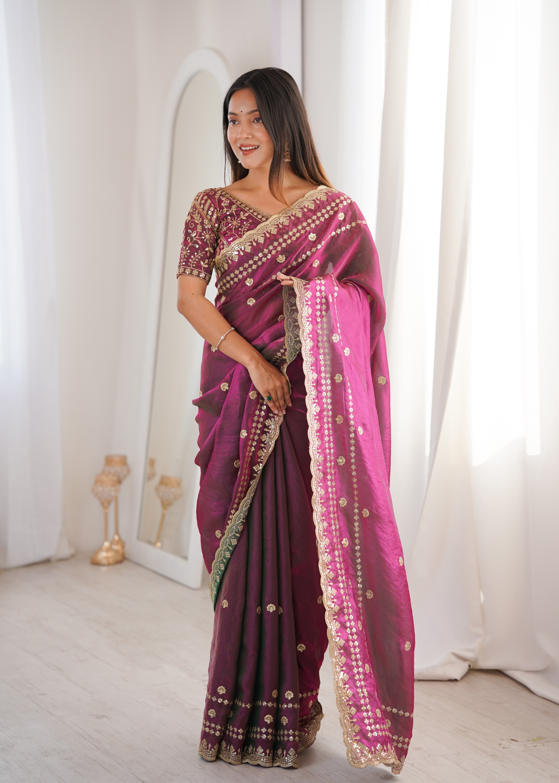 Wine Mughal Sequin Fendy Satin Saree