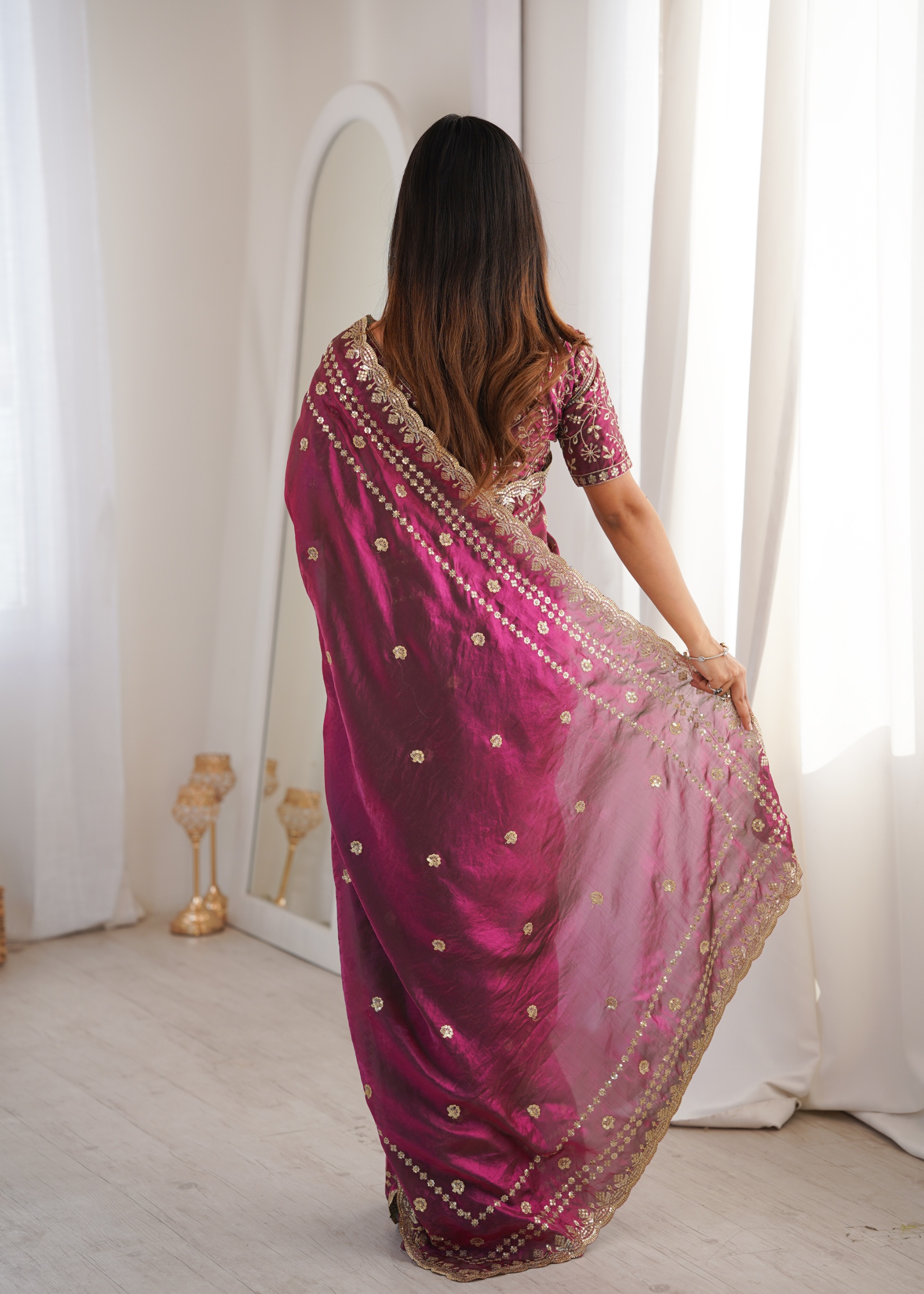 Wine Mughal Sequin Fendy Satin Saree — alternate view