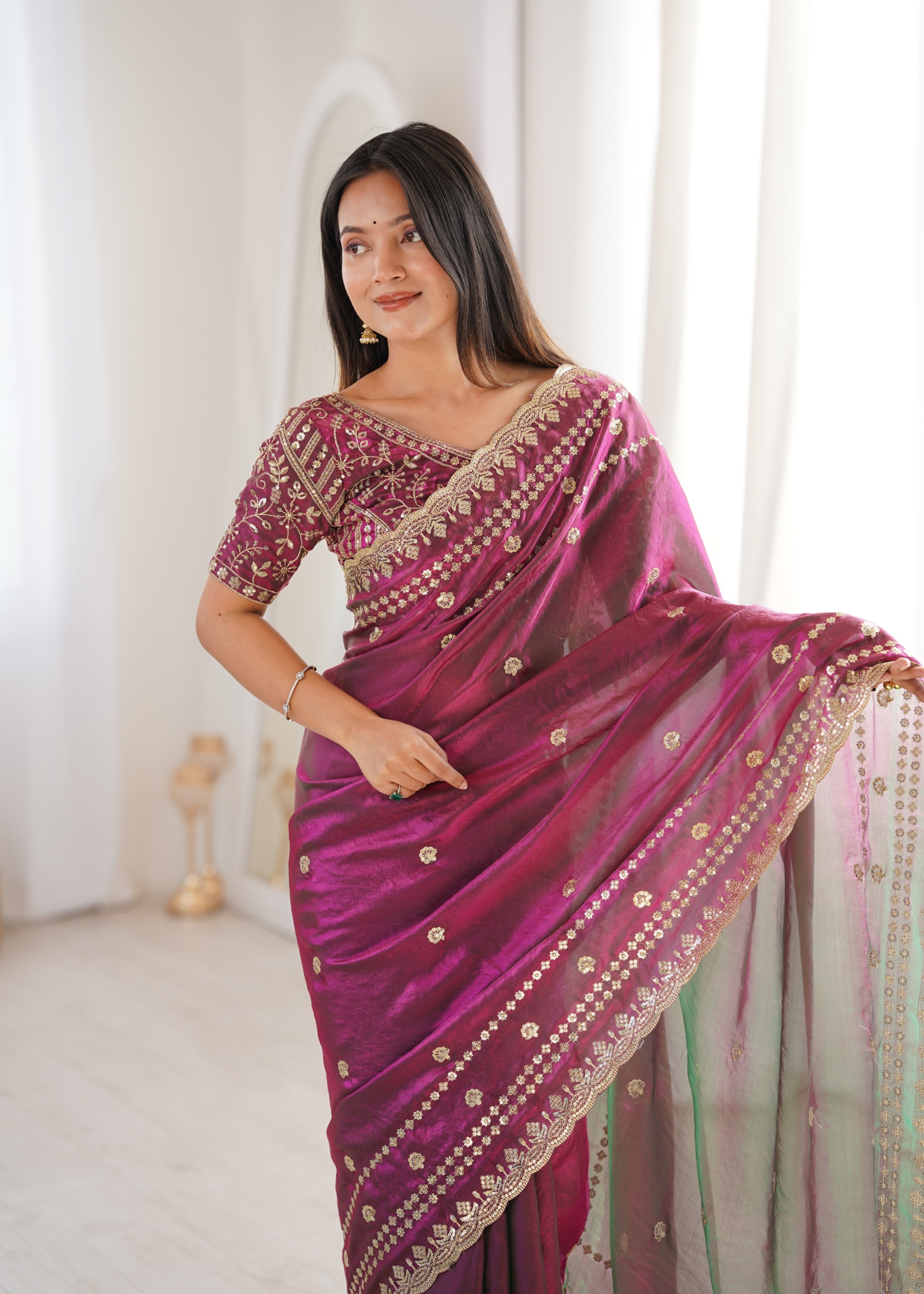 Wine Mughal Sequin Fendy Satin Saree
