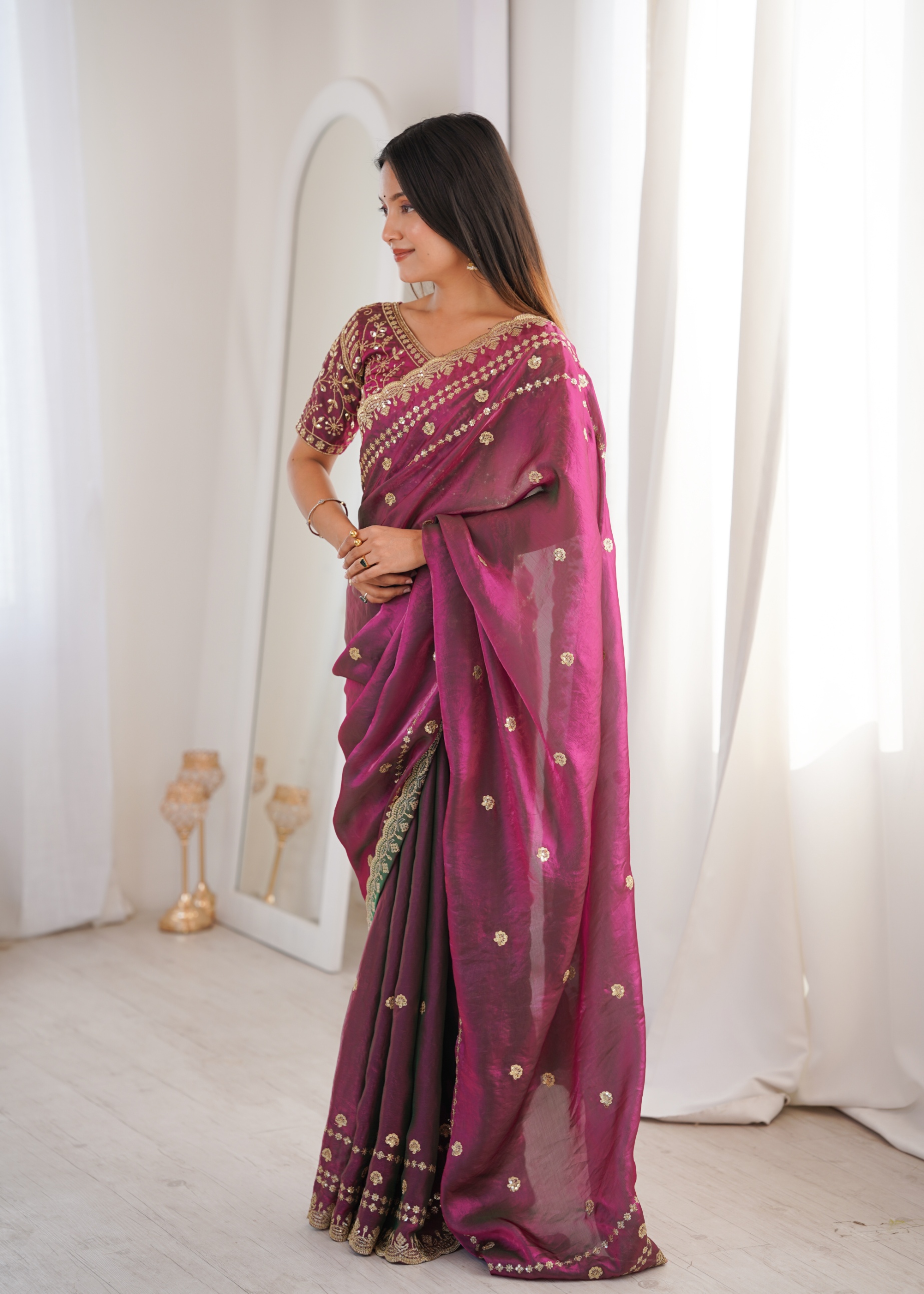 Wine Mughal Sequin Fendy Satin Saree