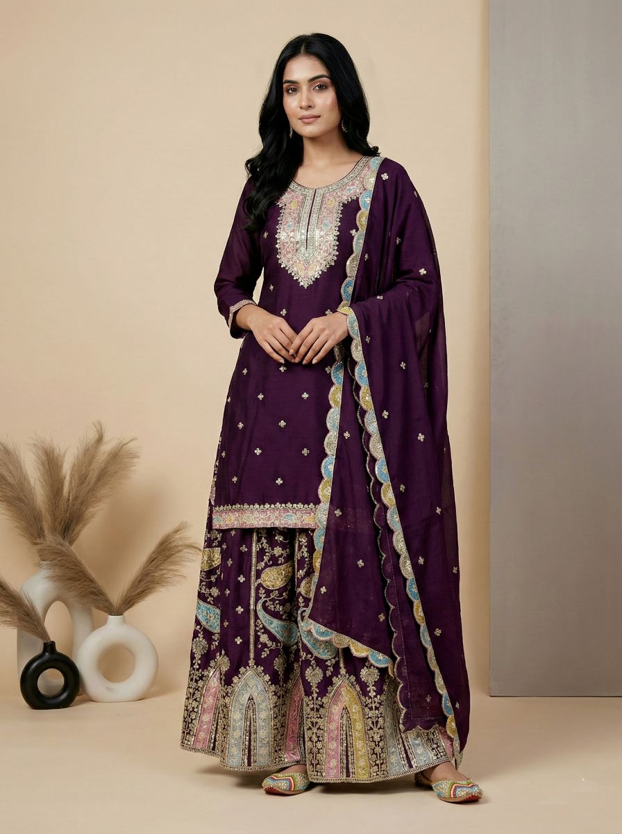 Wine Multi-Thread Embroidered Heavy Chinon Silk Sharara Suit