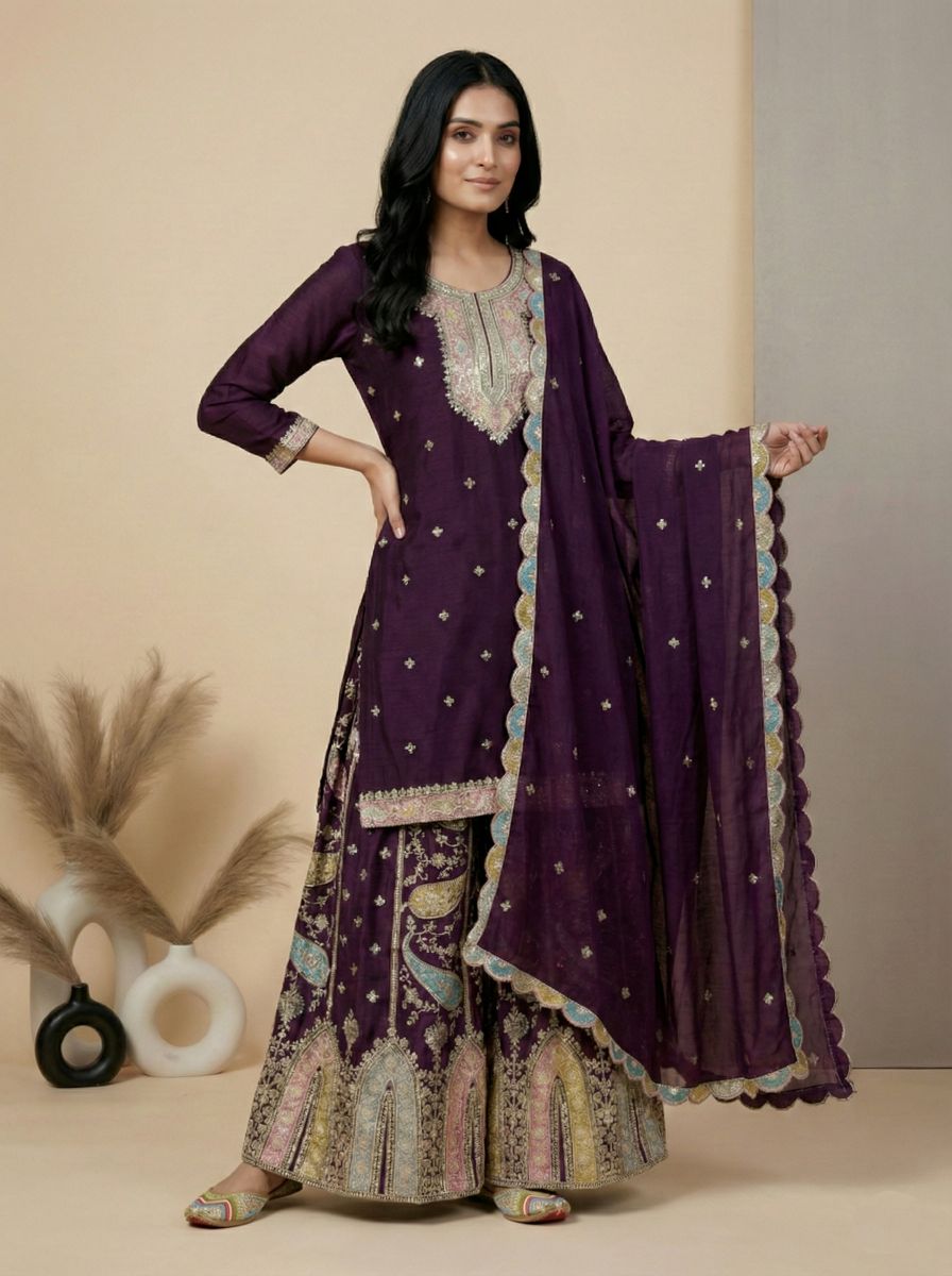 Wine Multi-Thread Embroidered Heavy Chinon Silk Sharara Suit — alternate view