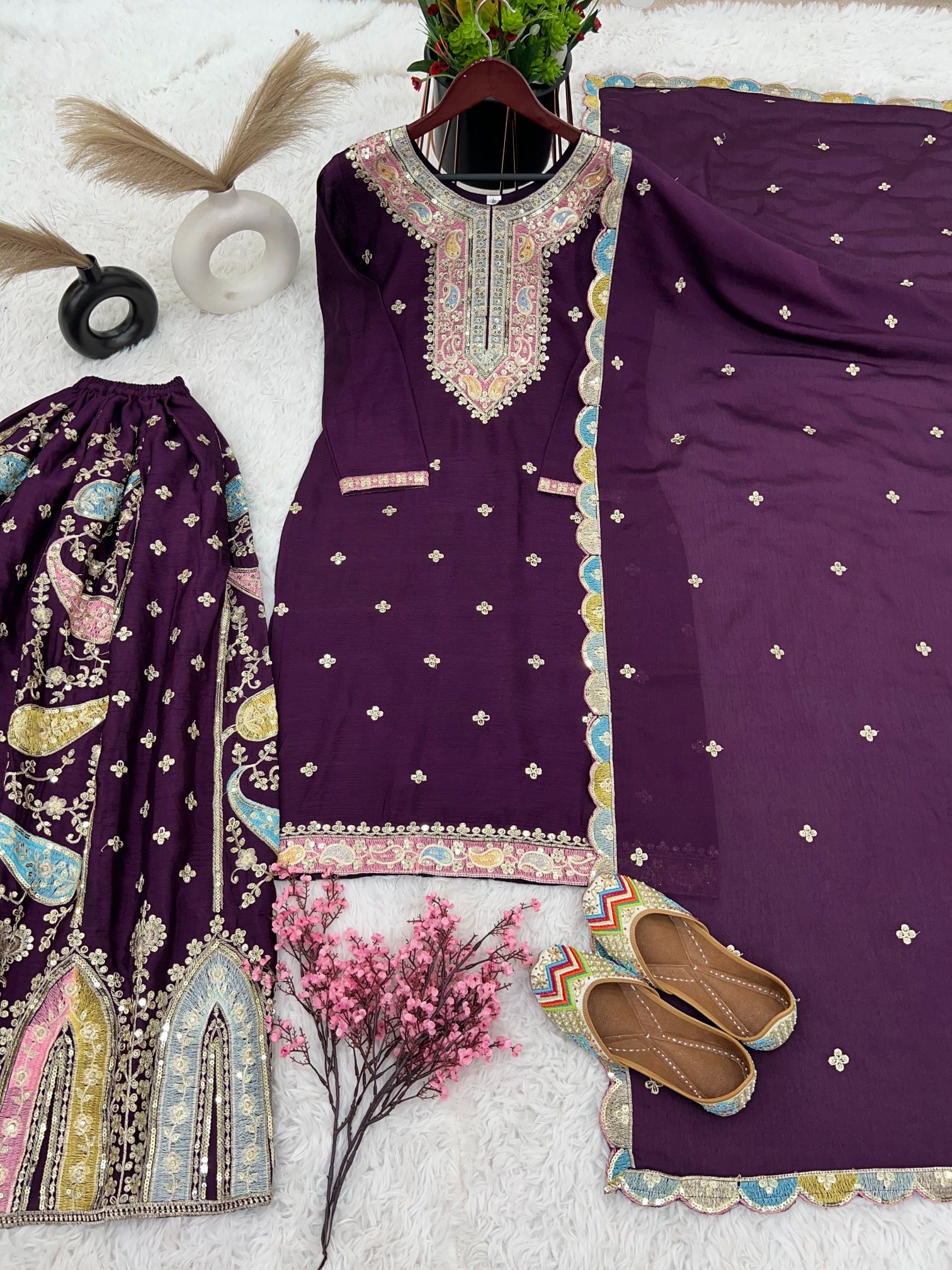 Wine Multi-Thread Embroidered Heavy Chinon Silk Sharara Suit