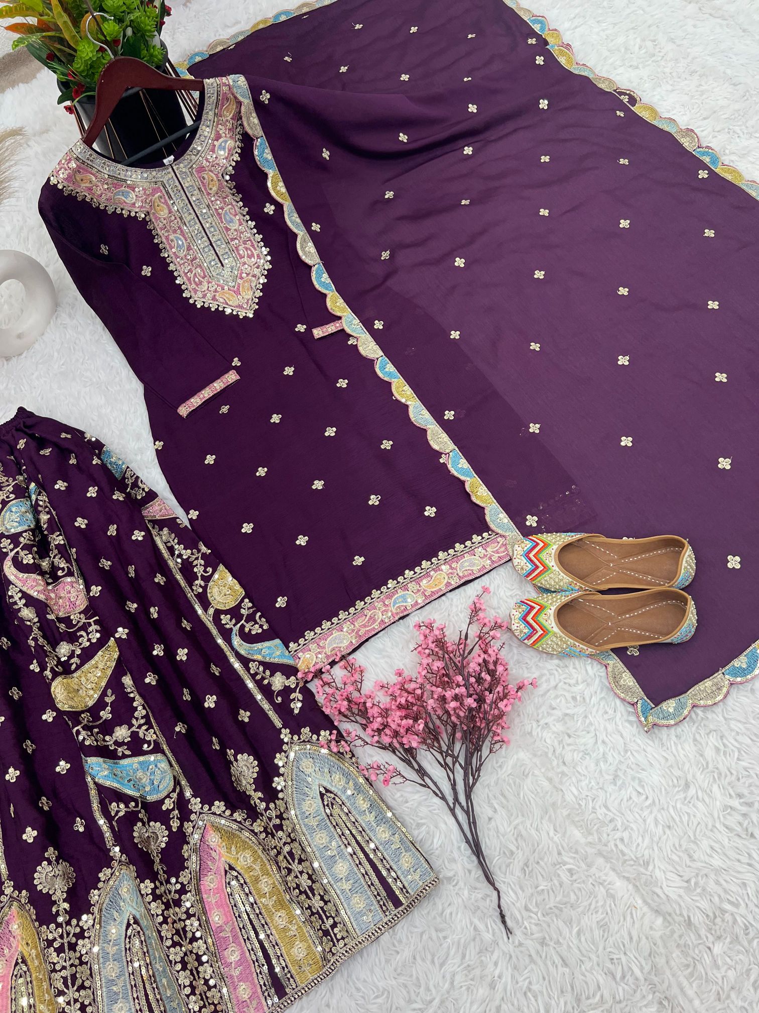 Wine Multi-Thread Embroidered Heavy Chinon Silk Sharara Suit