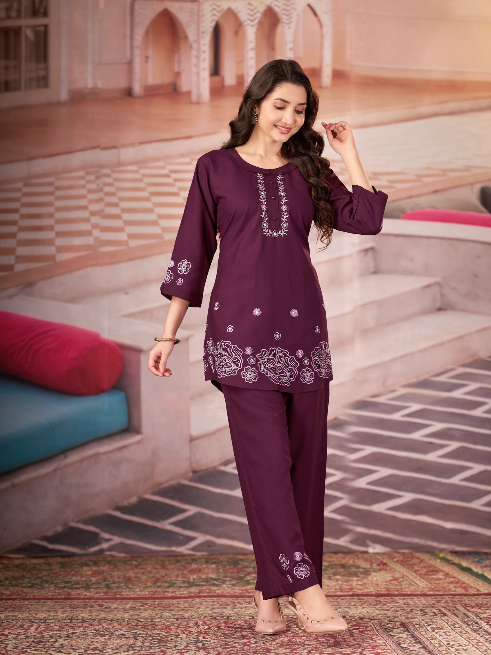 Wine Multi-Thread Embroidery Rayon Co-Ord Set