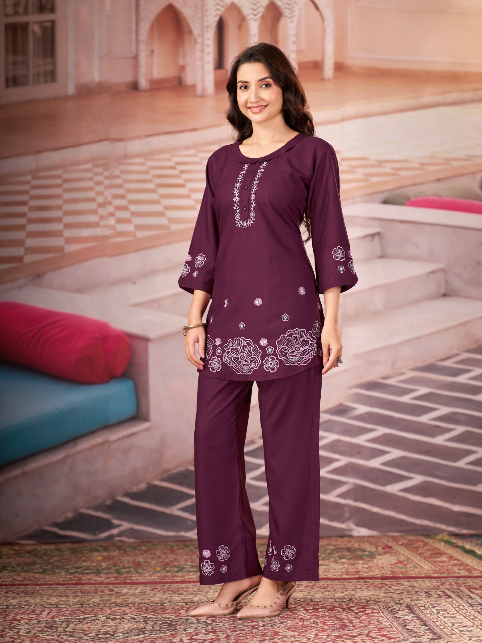 Wine Multi-Thread Embroidery Rayon Co-Ord Set — alternate view