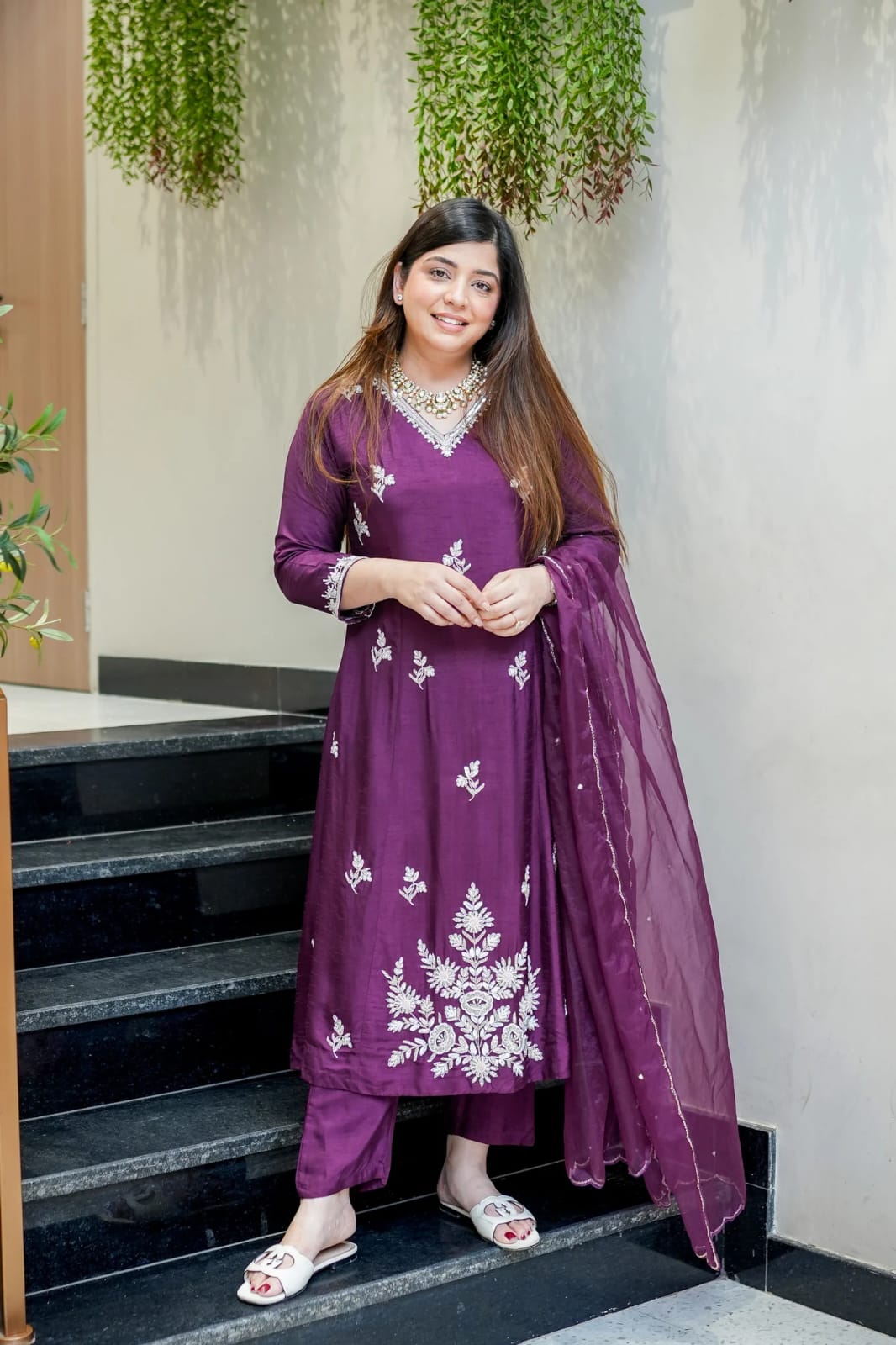 Wine Muslin Designer Embroidered Readymade Suit Set
