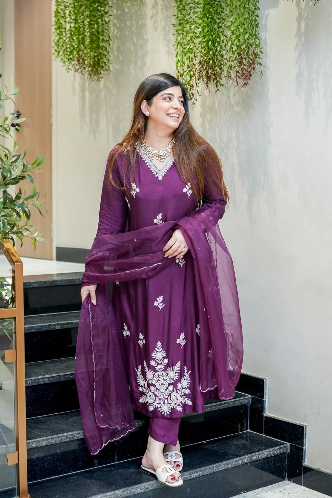 Wine Muslin Designer Embroidered Readymade Suit Set — alternate view